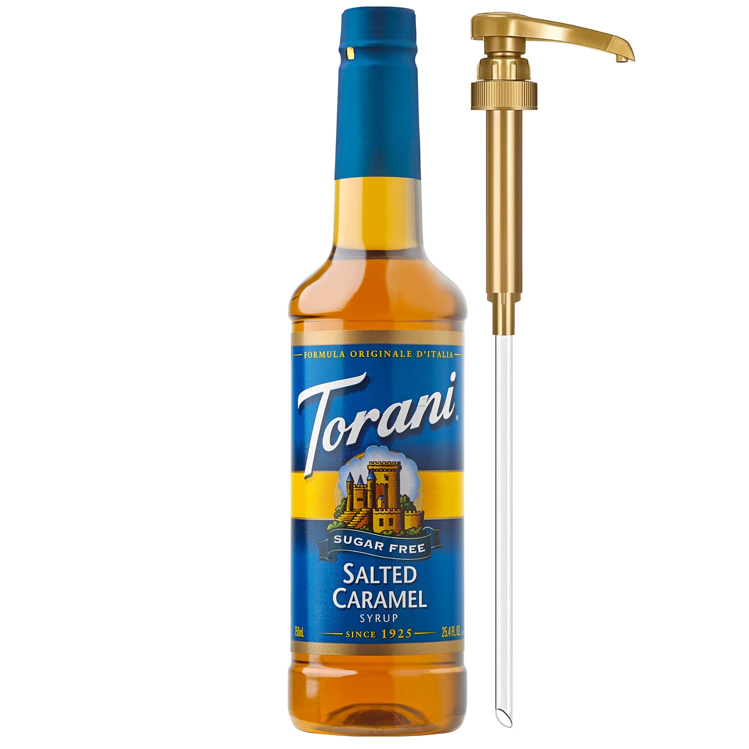 Torani botella frontal mostrando etiqueta y tamaño 750 ml para servicio fácil