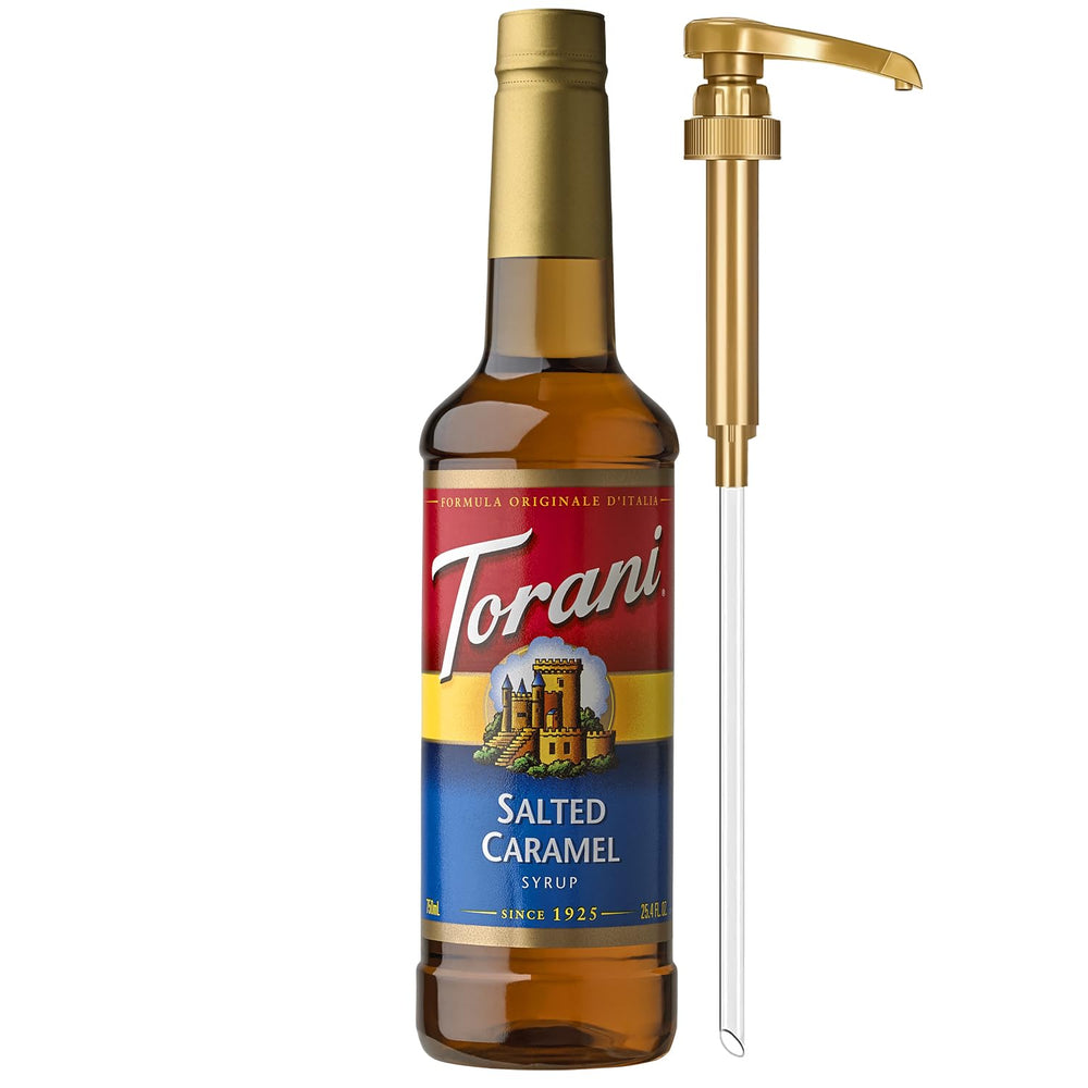 Torani botella fronta mostrando la etiqueta y tamaño práctico