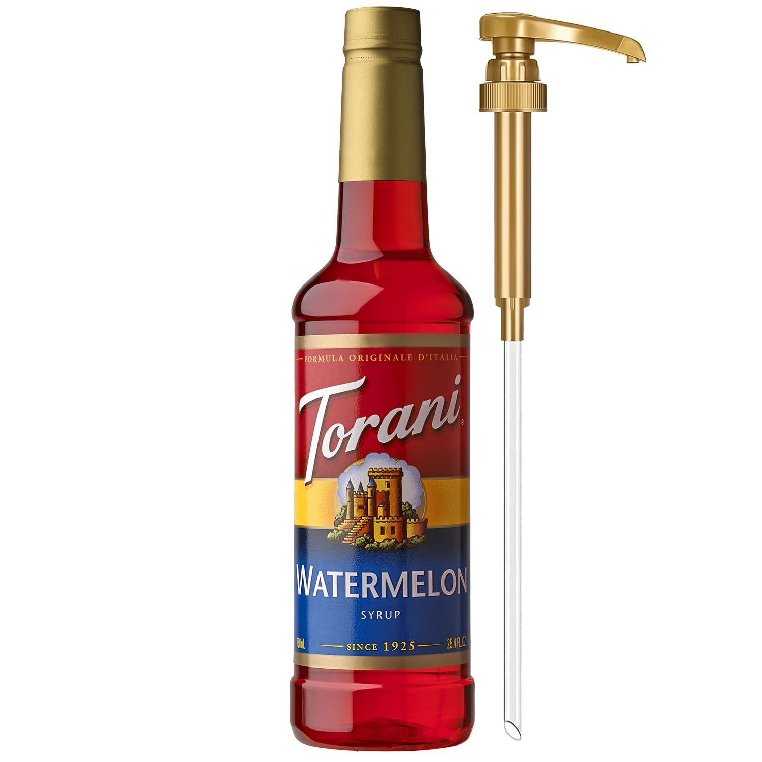 Torani botella frontal mostrando color rosa y sabor sandía, ideal para bebidas