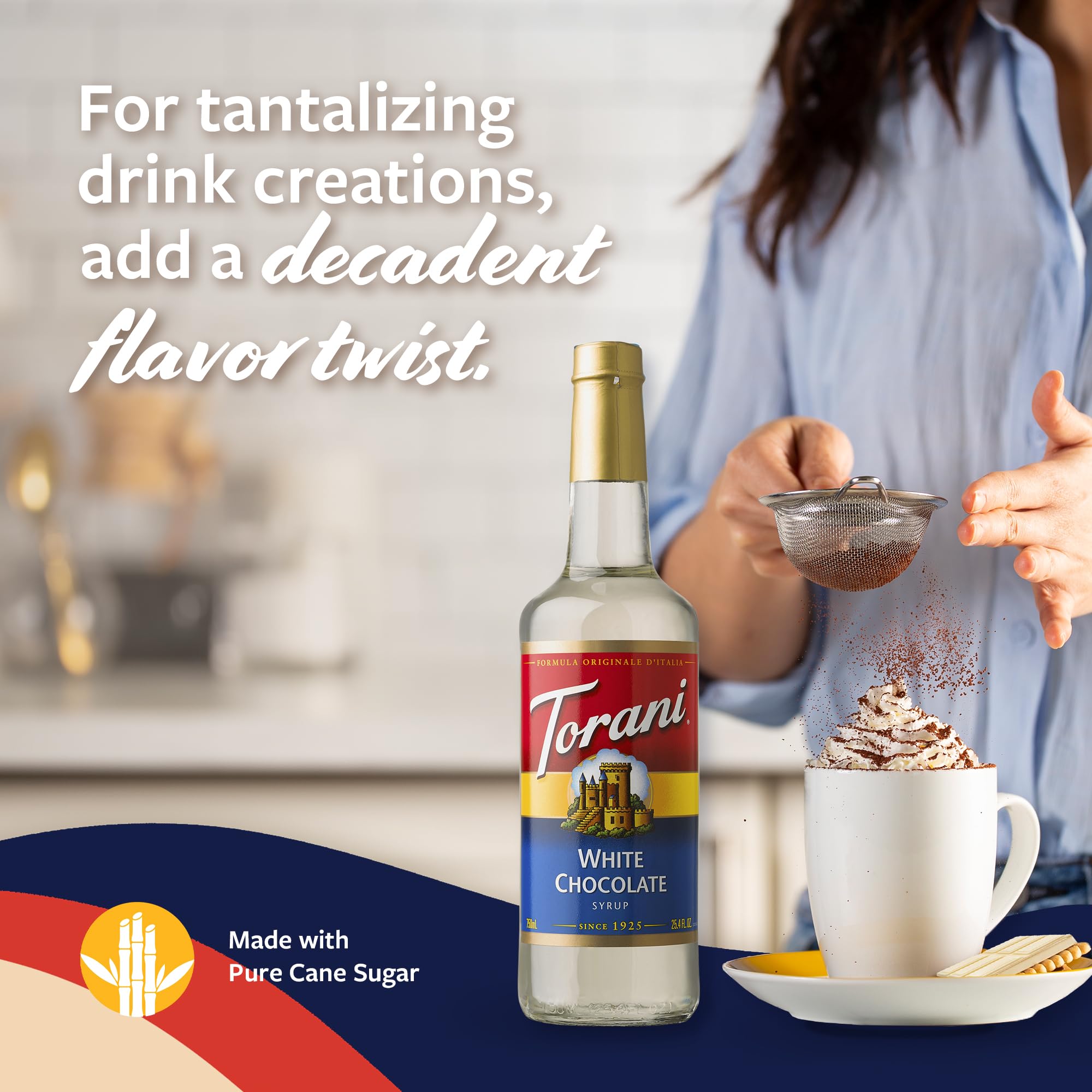 Torani botella junto a taza para comparar tamaño y rendimiento