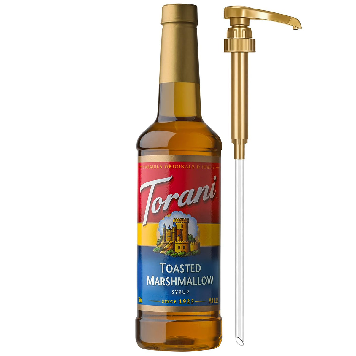 Torani botella frontal mostra el tamaño y la marca, aporta control de porciones