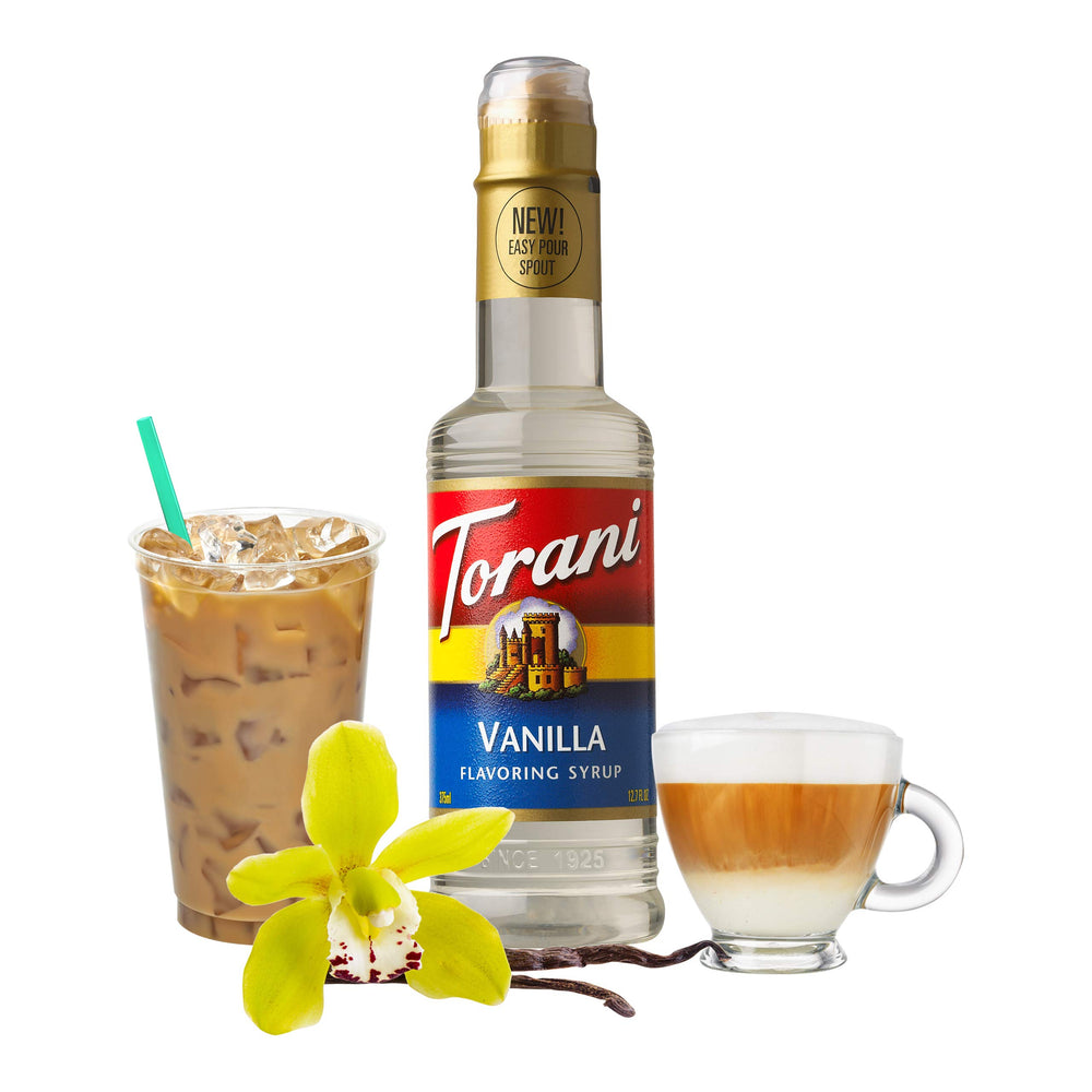 Torani vainilla botella cerca detalle del sabor y facilidad de dosificar