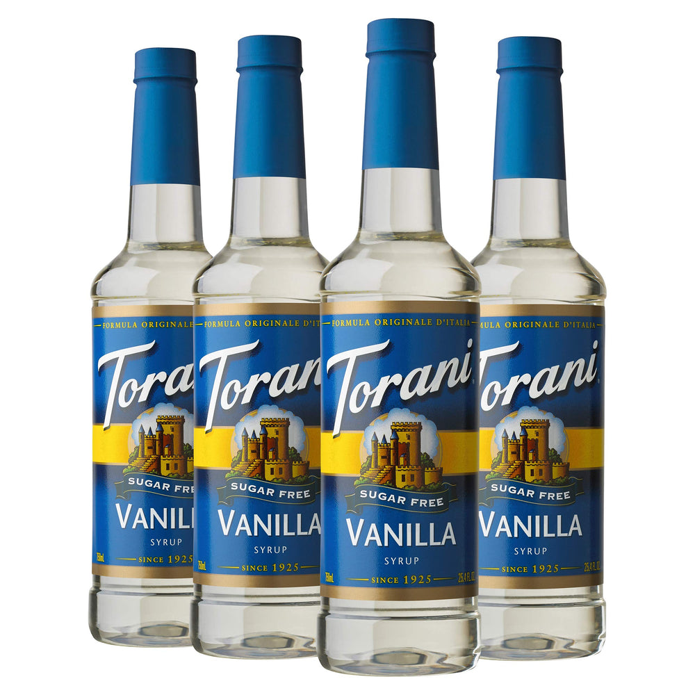 Torani pack de 4 frente mostrando botellas y tamaño práctico