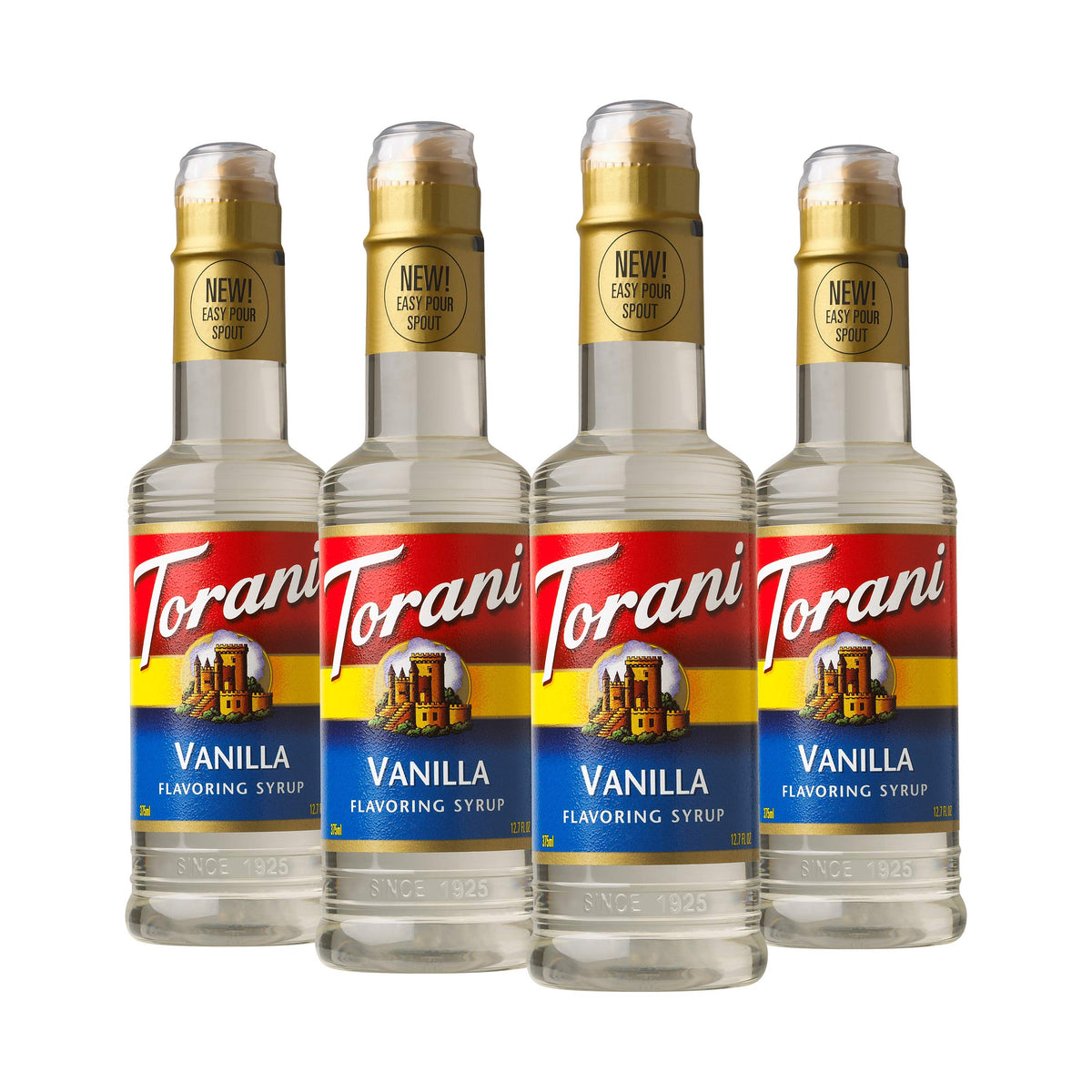 Torani vainilla frontal pack muestra las cuatro botellas y beneficio de stock confiable