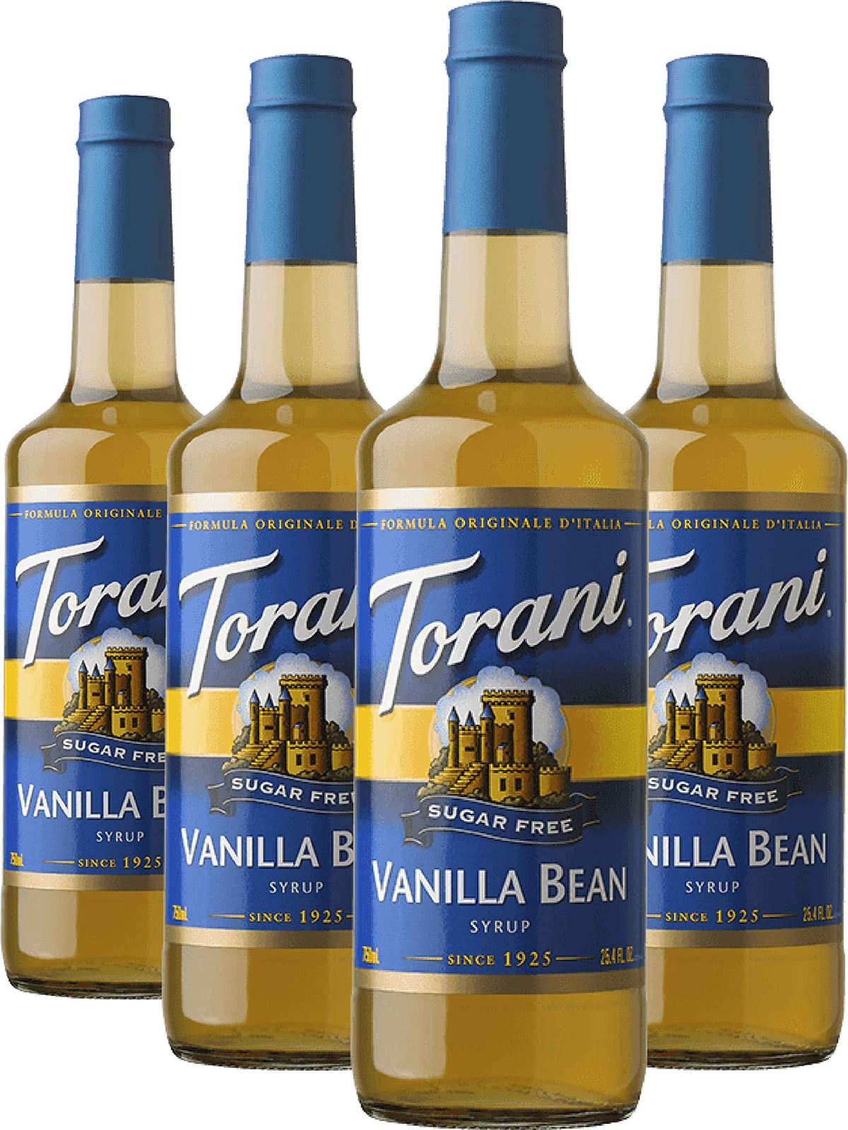 Torani botella de vainilla sin azúcar vista frontal mostrando etiqueta y capacidad