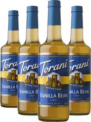 Torani botella de vainilla sin azúcar vista frontal mostrando etiqueta y capacidad