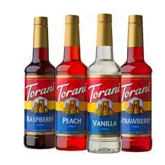 Torani botella de vainilla frontal con etiqueta visible y uso versátil