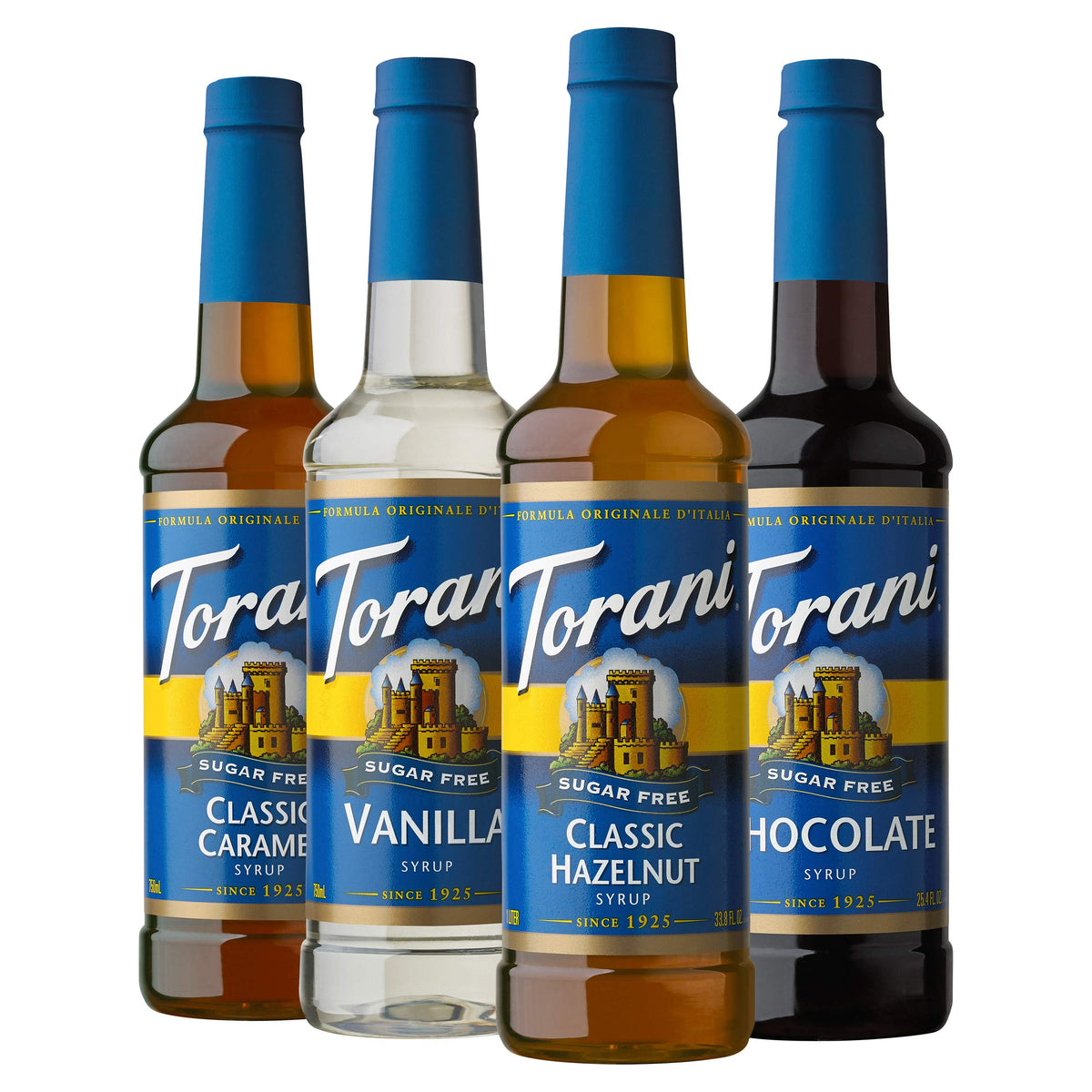 Torani variedad pack frente mostrando cuatro botellas y sus sabores