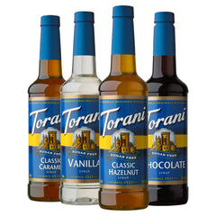 Torani variedad pack frente mostrando cuatro botellas y sus sabores