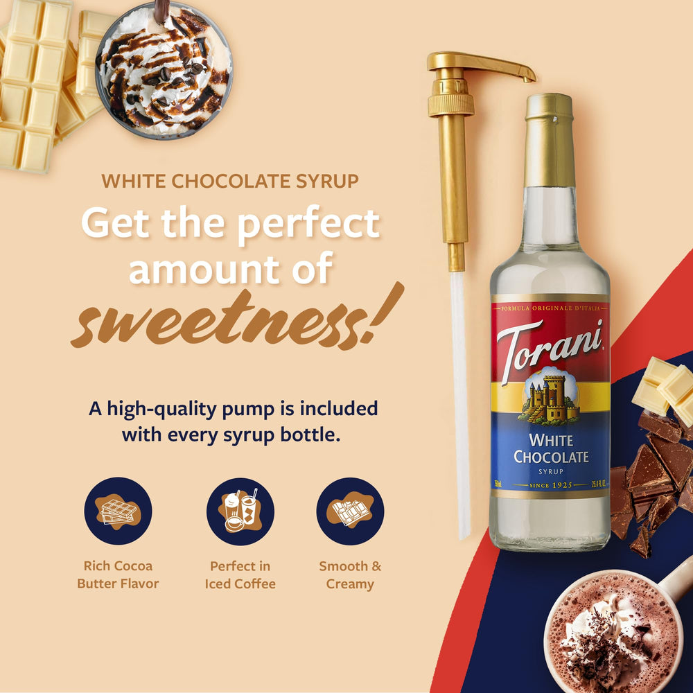 Torani vertiendo sirope sobre latte, añade sabor cremoso instantáneo