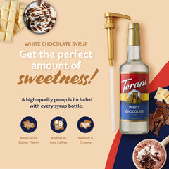 Torani vertiendo sirope sobre latte, añade sabor cremoso instantáneo