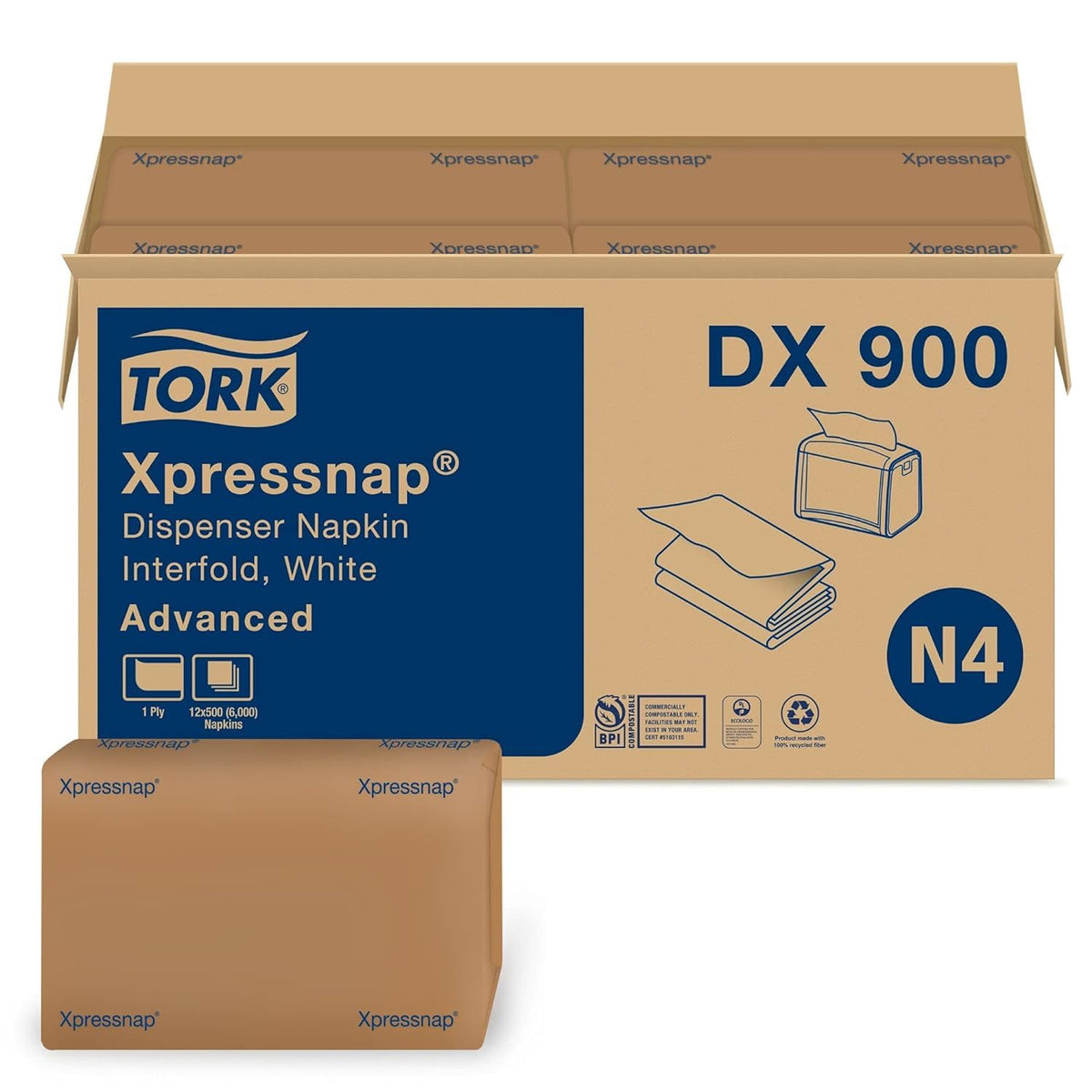 Tork servilletas DX900 frontal mostrando paquete y marca, ahorro inmediato