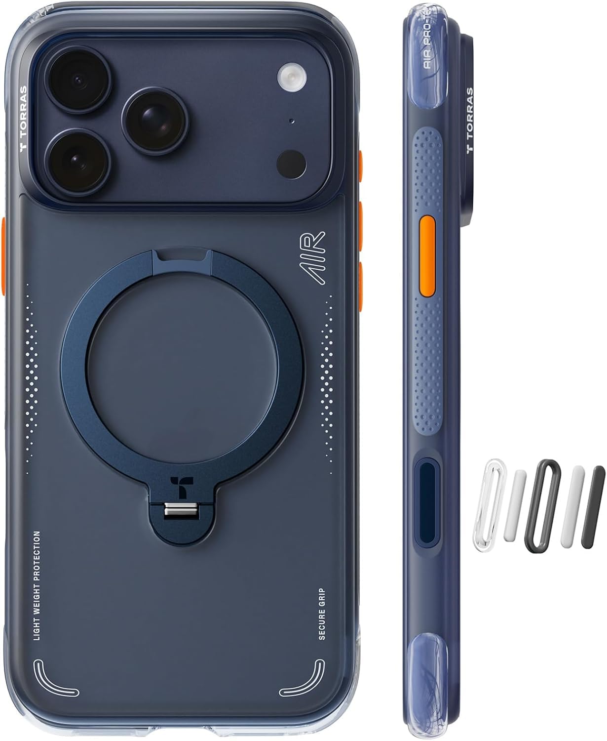 TORRAS vista frontal de la funda azul medianoche con soporte integrado, protección visible