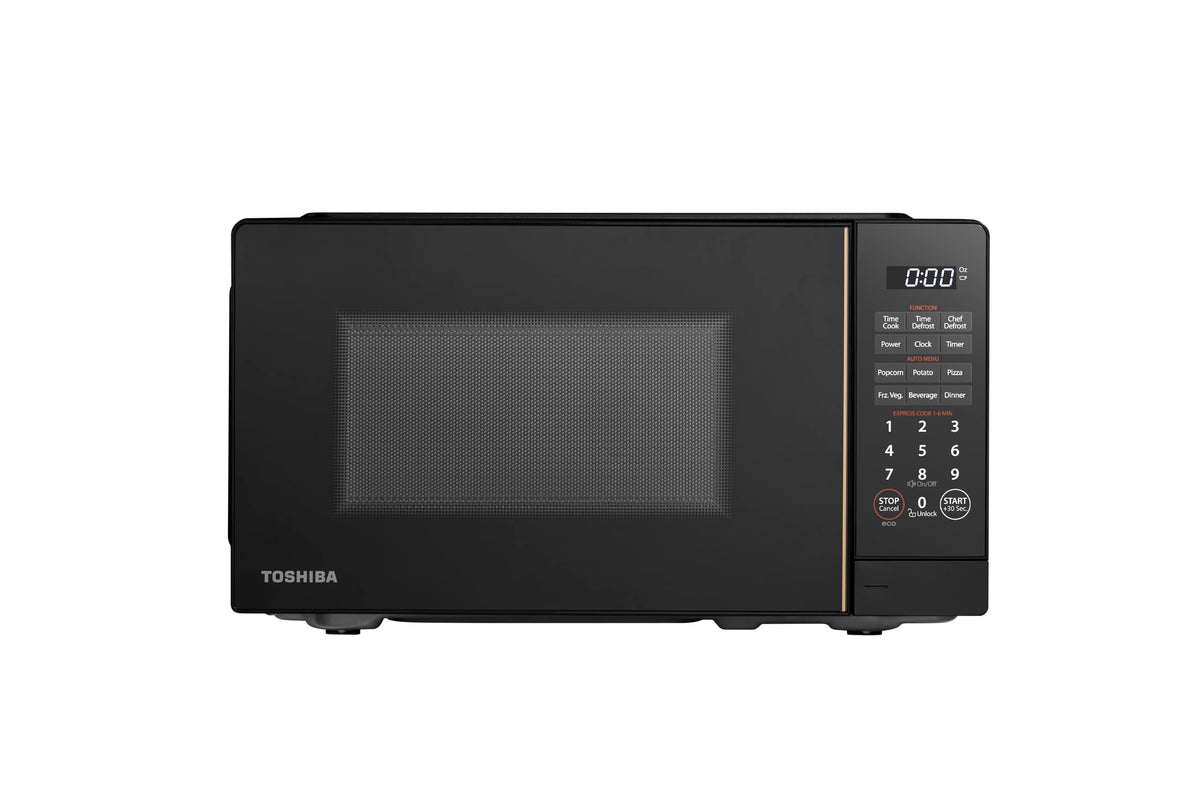 TOSHIBA microondas anverso negro elegante, apariencia compacta y ahorro de espacio