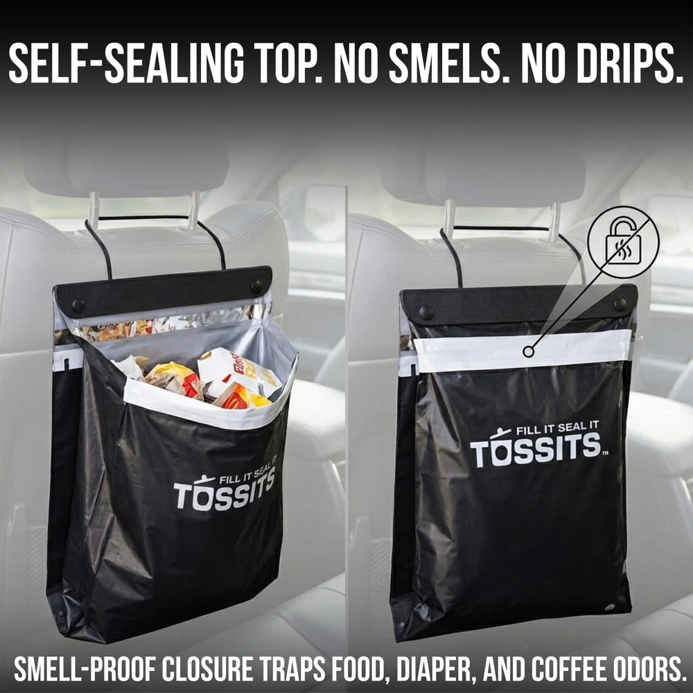 Tossits bolsa junto a una lata mostrando la capacidad de 2 galones