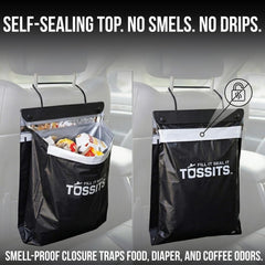 Tossits bolsa junto a una lata mostrando la capacidad de 2 galones