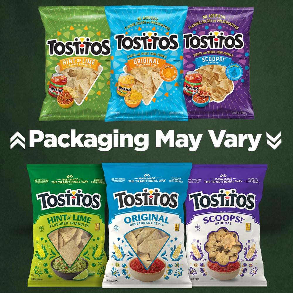 Tostitos chip en mano para escala que muestra tamaño por porción práctico
