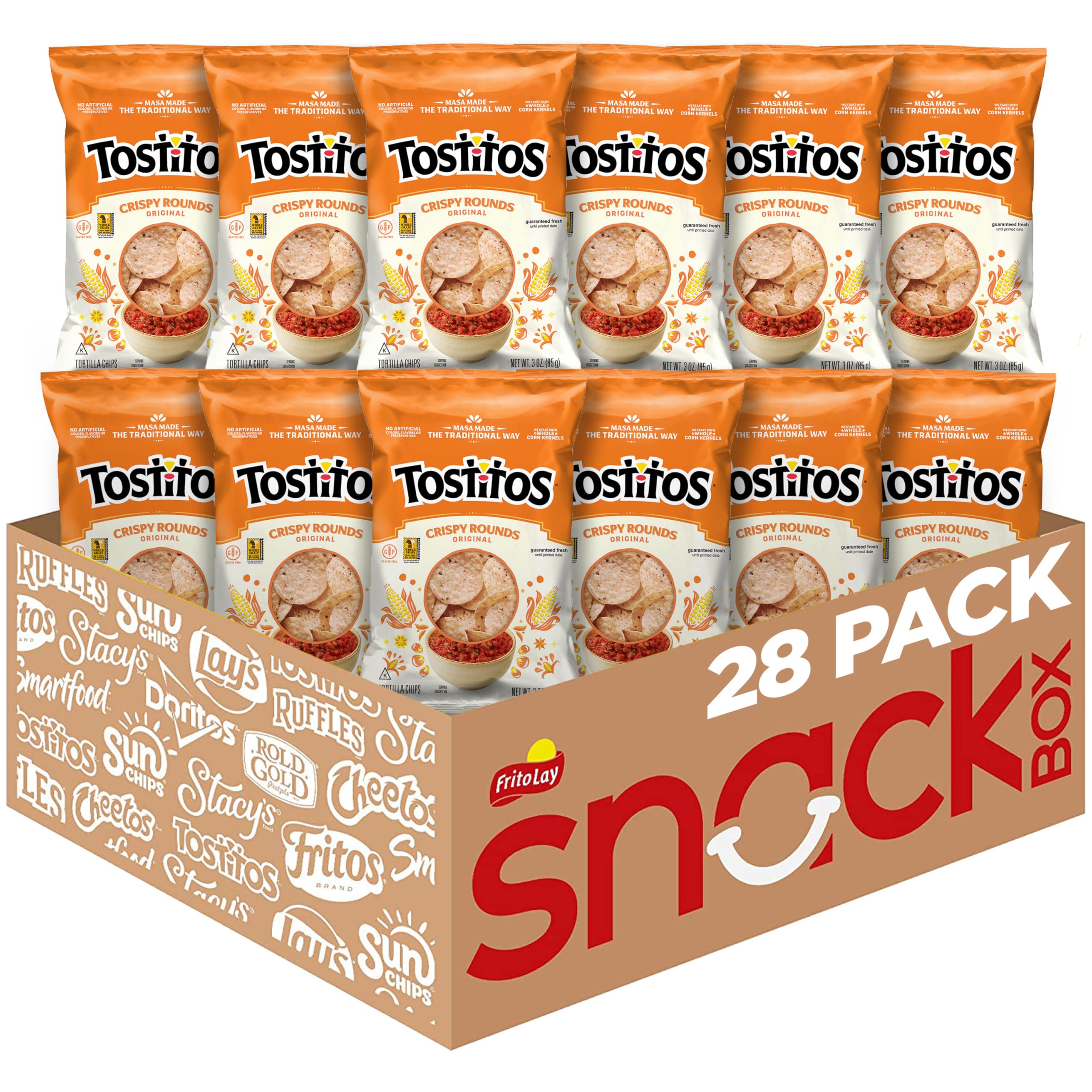 Tostitos frente del paquete mostrando tamaño y marca, cómodo para servir
