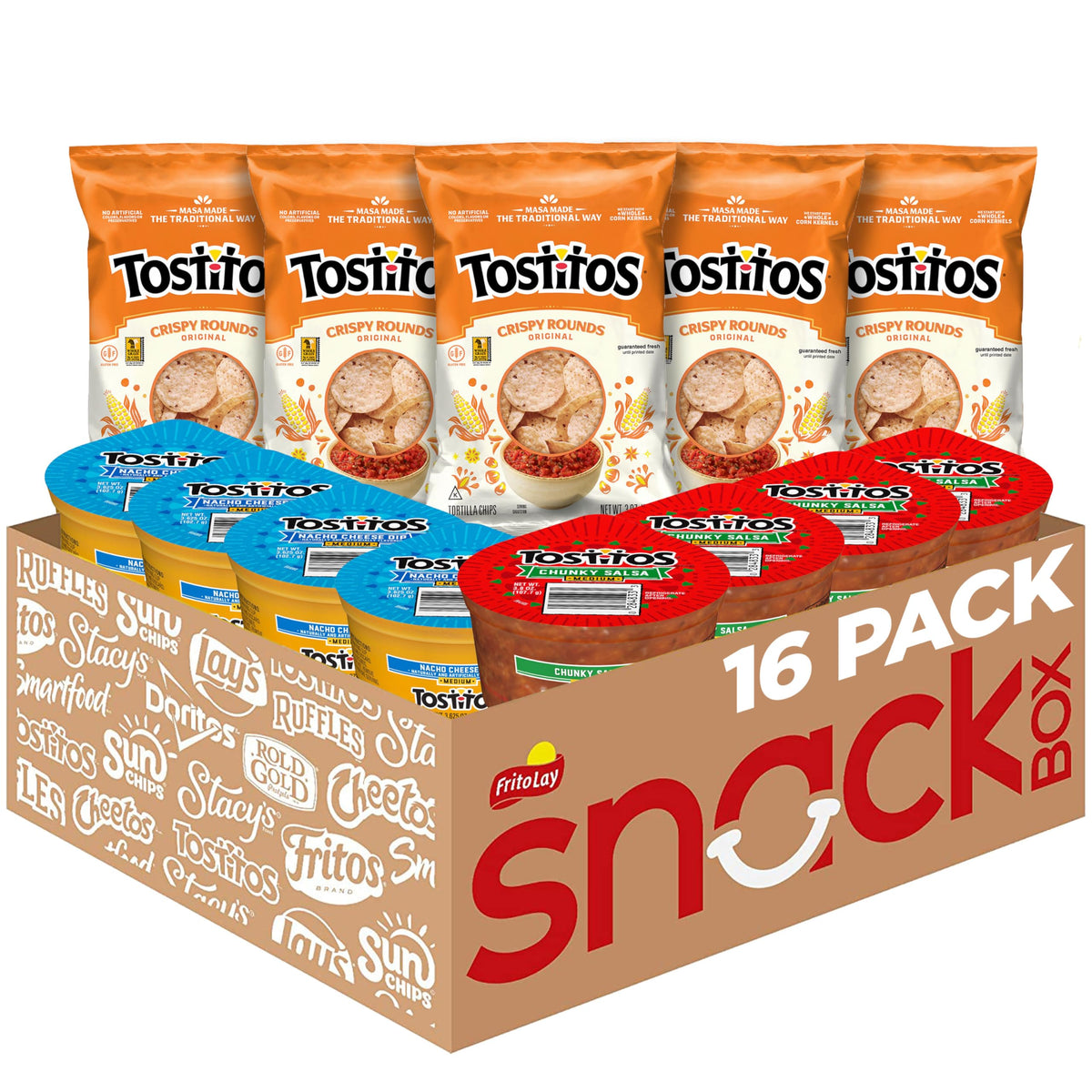 Tostitos pack frontal mostrando chips y dip listos para servir