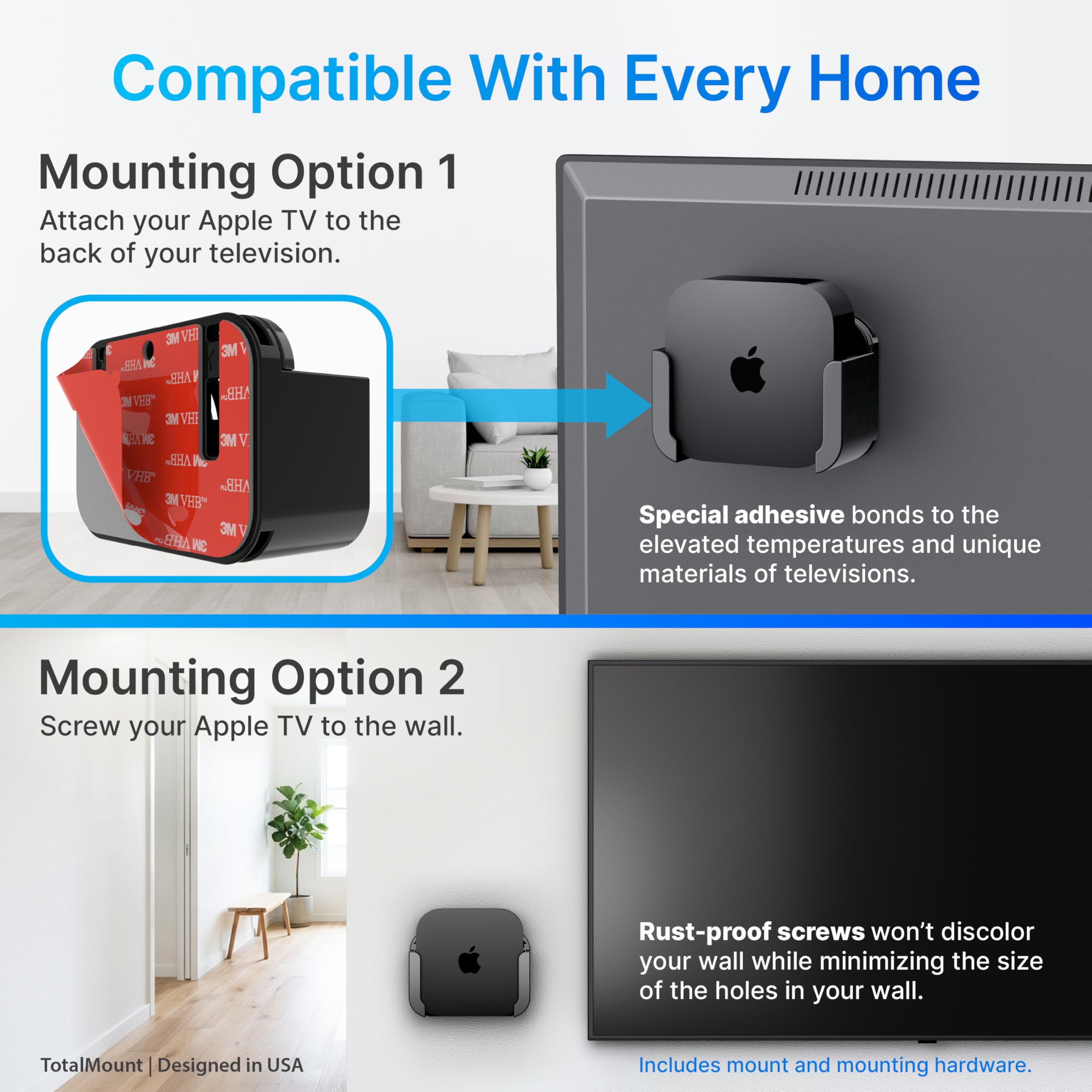 Comparación de tamaño TotalMount y Apple TV para visualizar escala y ajuste seguro