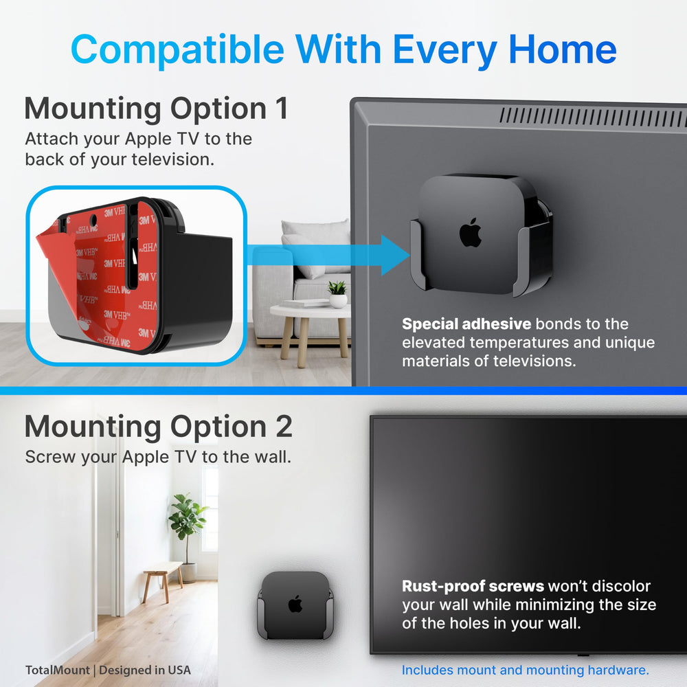 Comparación de tamaño TotalMount y Apple TV para visualizar escala y ajuste seguro