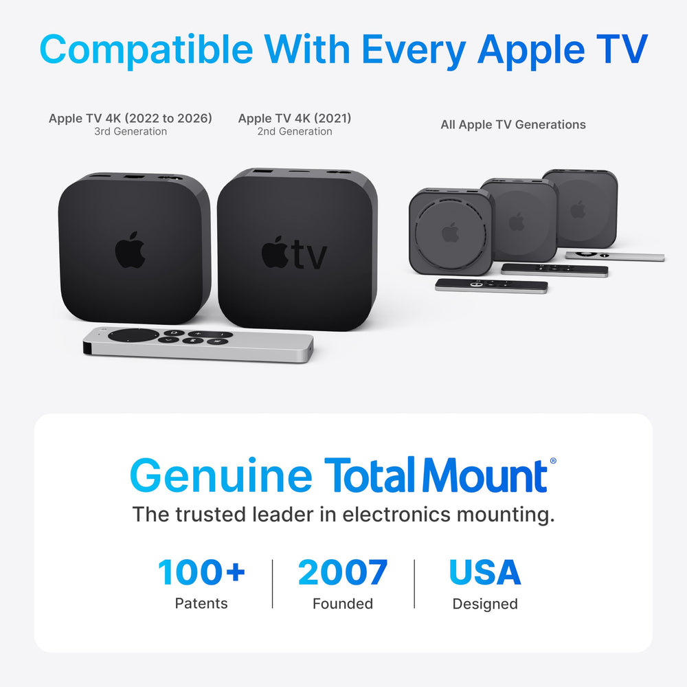 TotalMount en uso detrás de un televisor manteniendo el Apple TV oculto y accesible