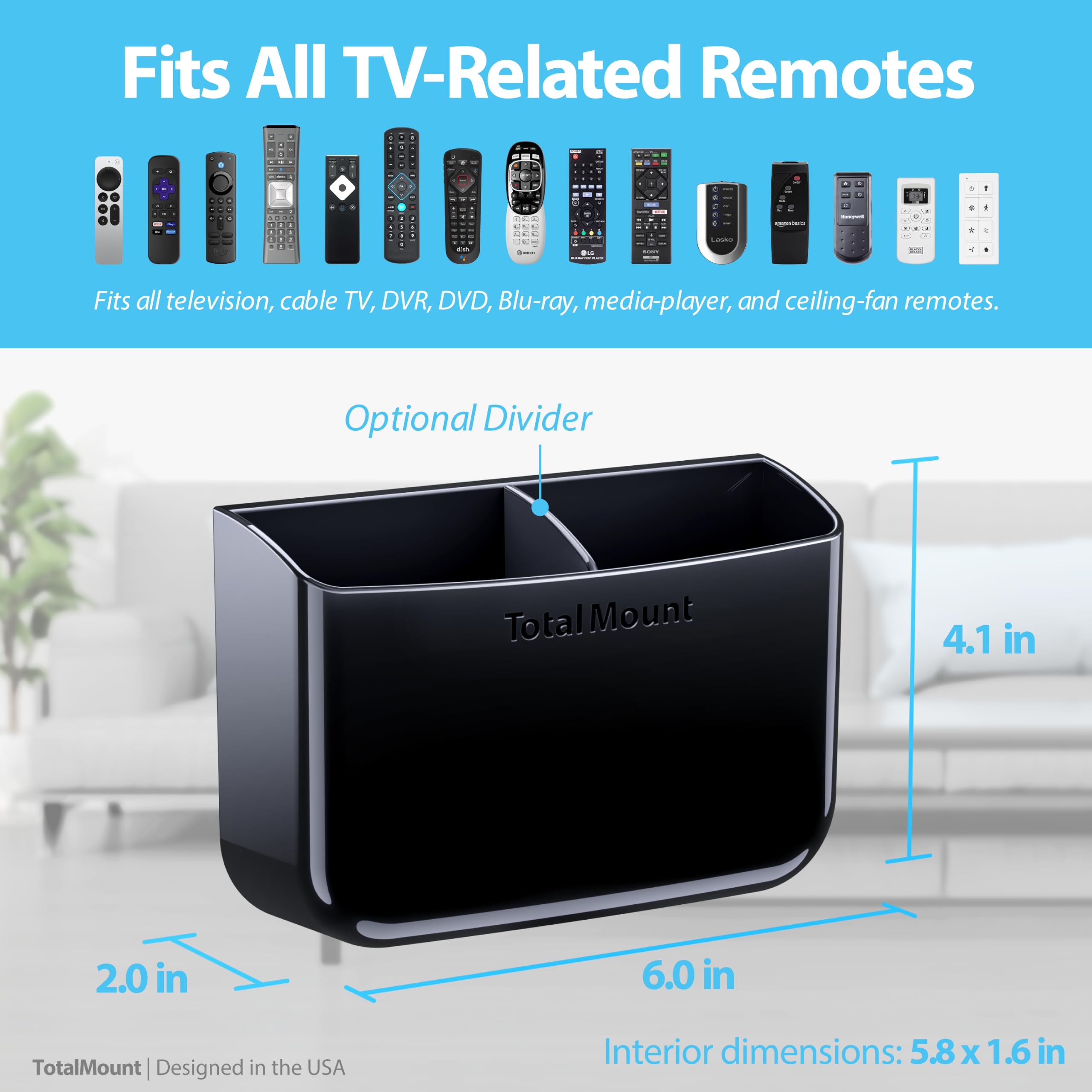 TotalMount soporte instalado junto a TV con mandos colocados y accesibles
