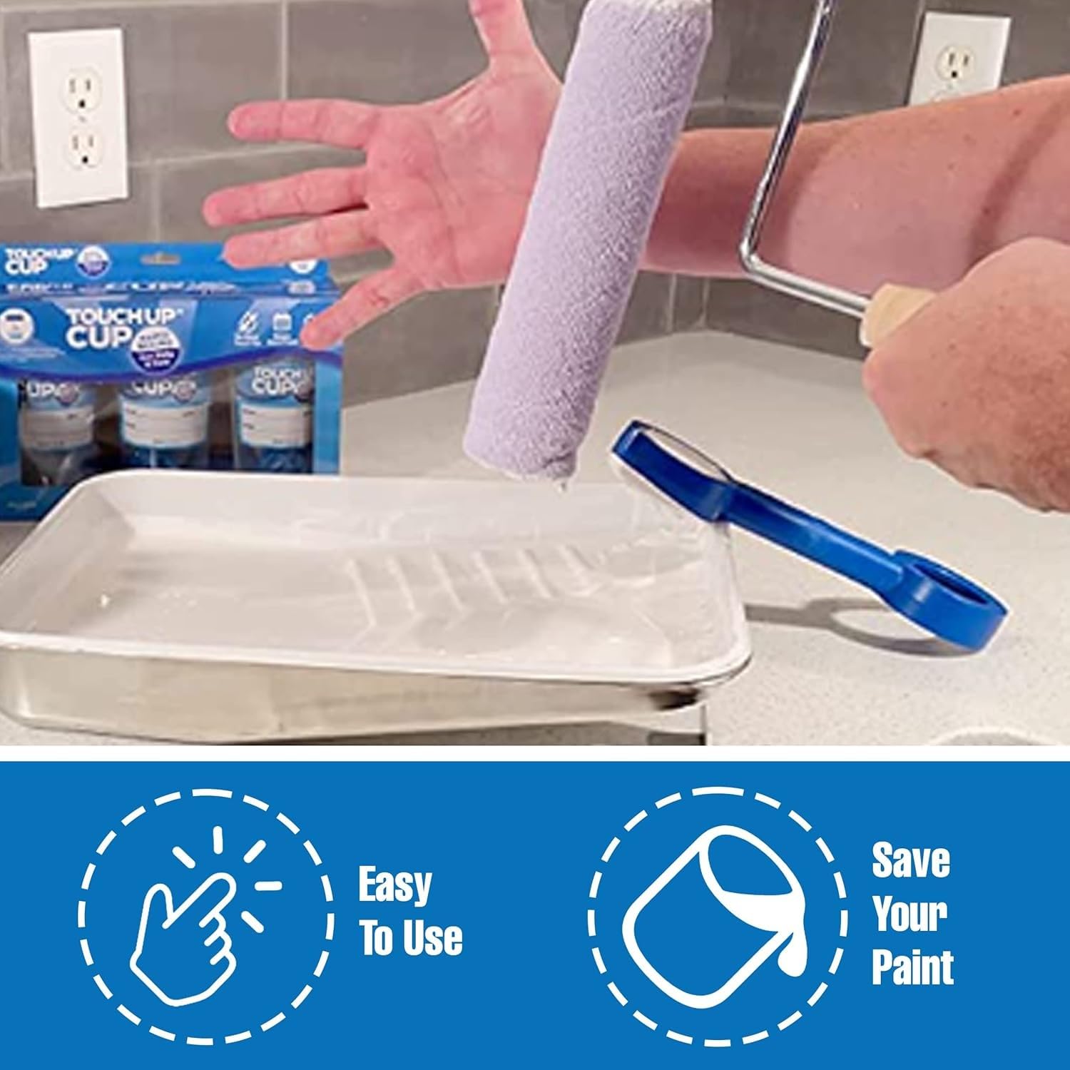 Touch Up Cup comparación de tamaño en mano para visualización práctica
