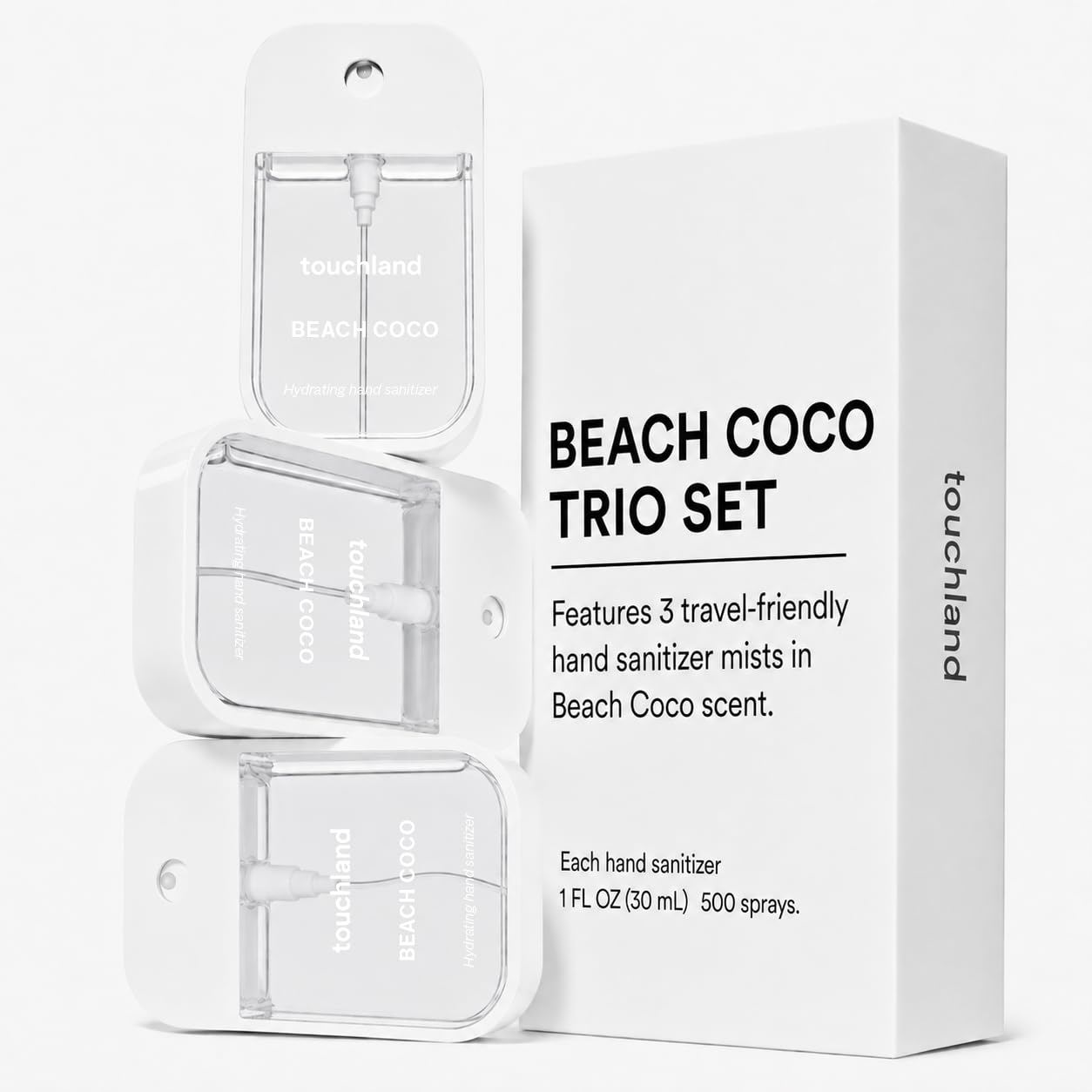 Touchland spray en uso dentro de un bolso, limpieza portátil y conveniente