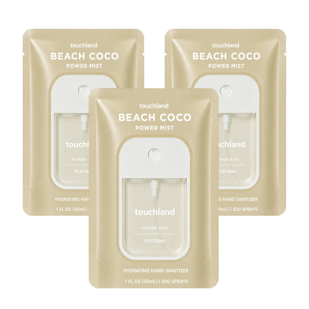 Touchland spray Beach Coco frente del pack, hidratación y aroma práctico