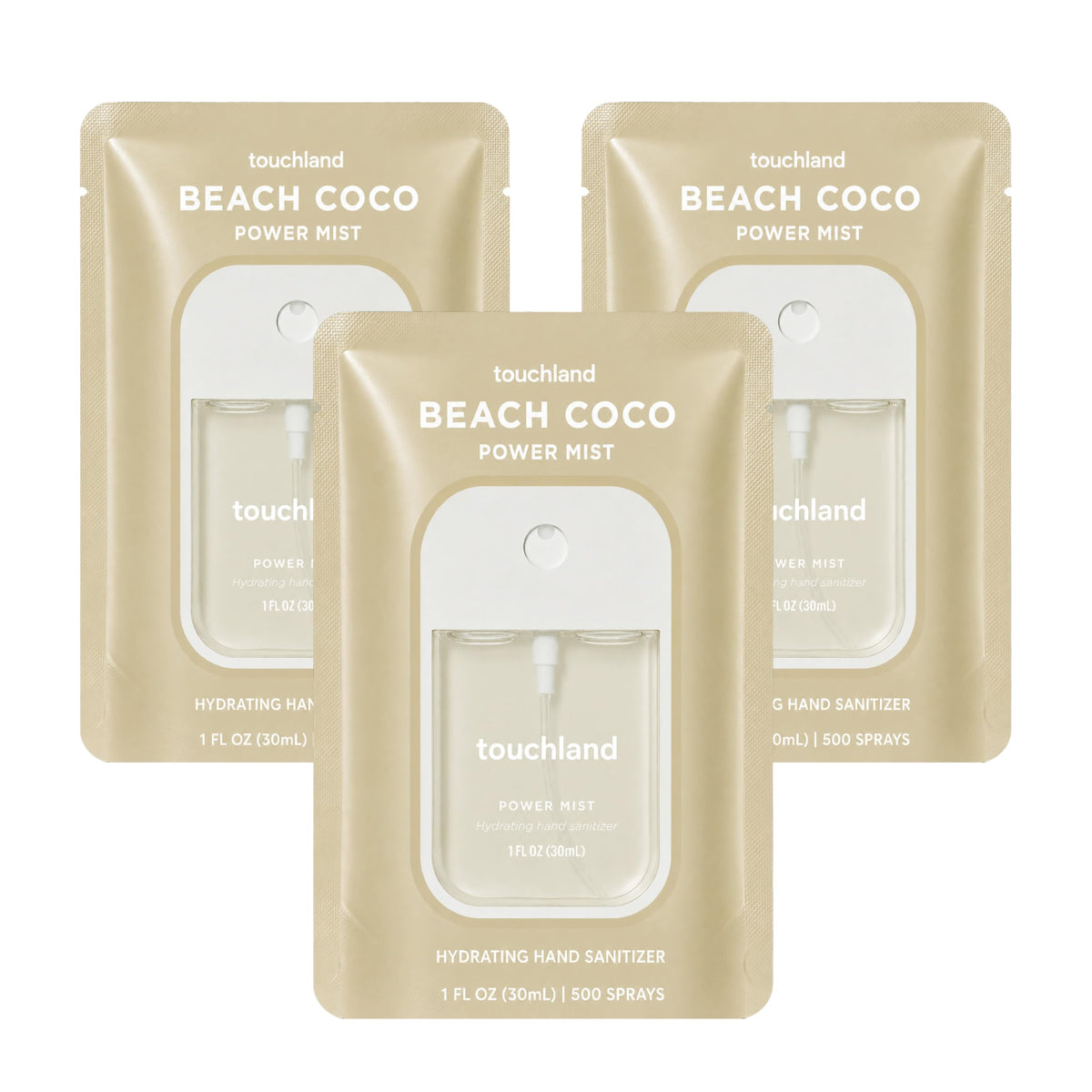 Touchland spray Beach Coco frente del pack, hidratación y aroma práctico