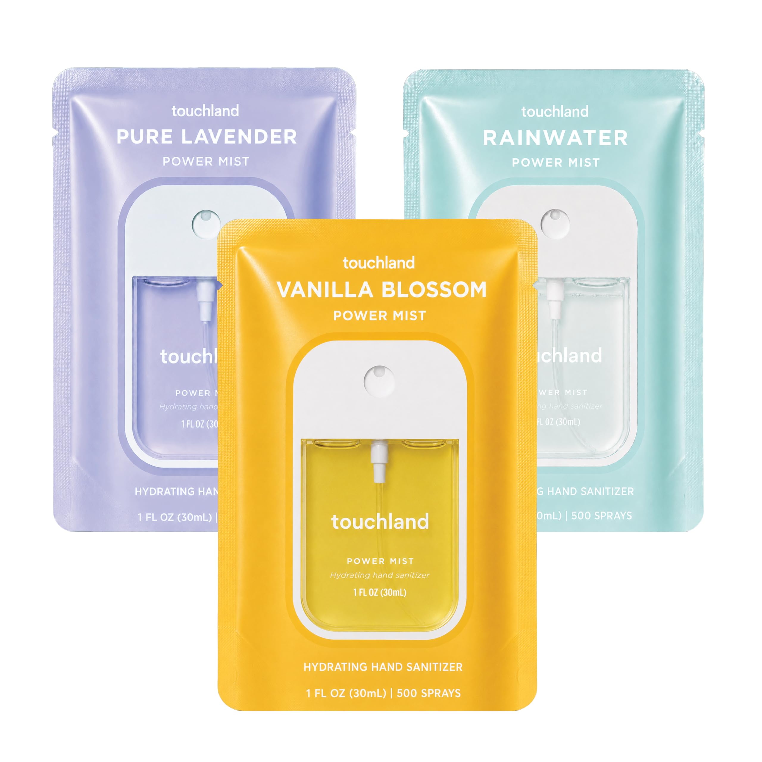 Touchland Blossom Trio vista frontal con tres sprays, práctico para viajar