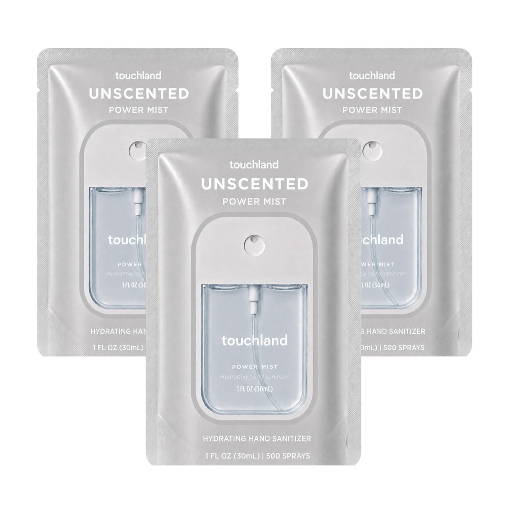 Touchland frontal mostrando pack de 3 envases travel, higiene portátil