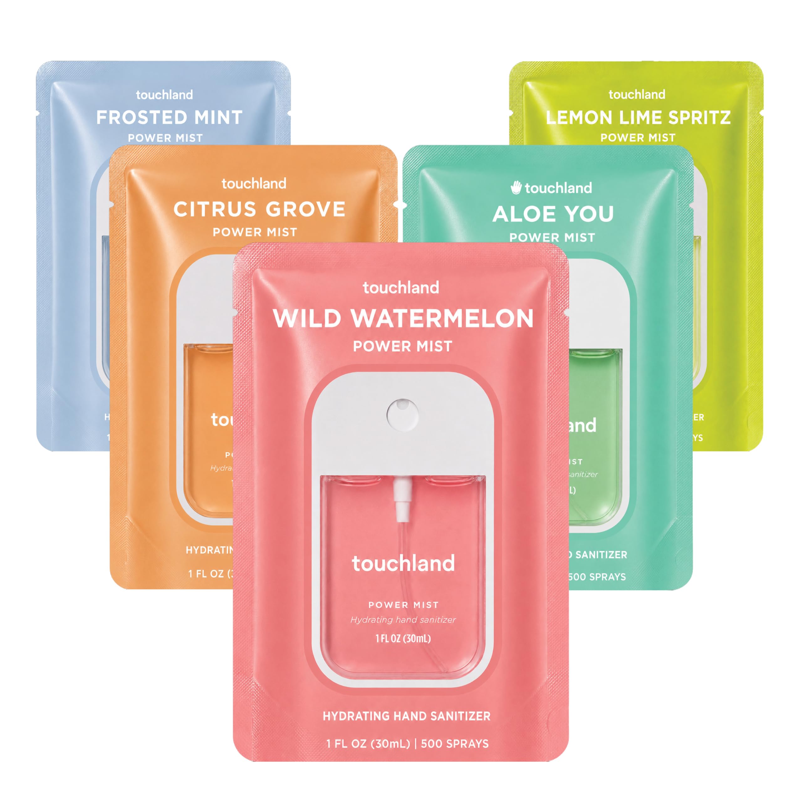 Touchland frontal del pack Fresh 5 mostrando los cinco sprays y beneficios portátiles