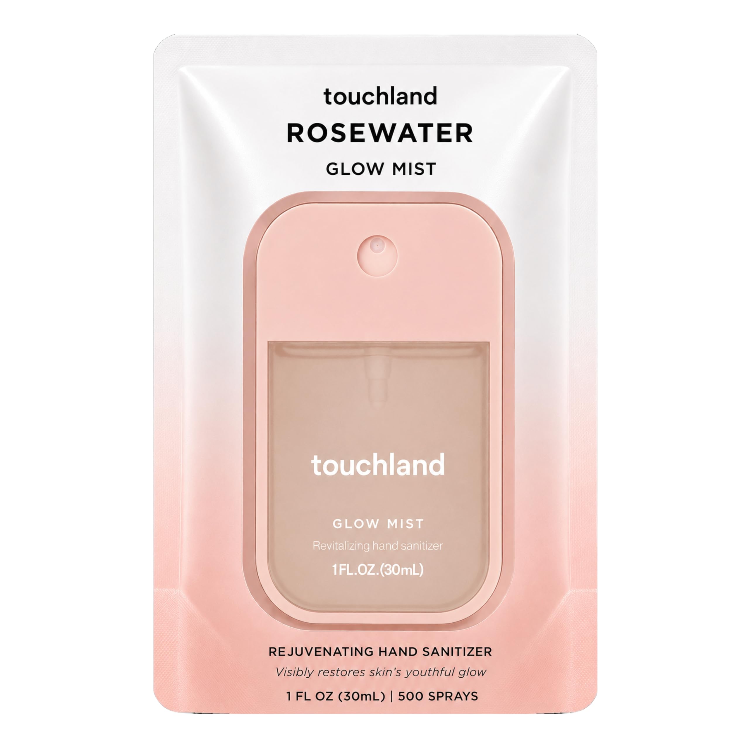 Touchland envase frontal tamaño viaje mostrando diseño y portabilidad