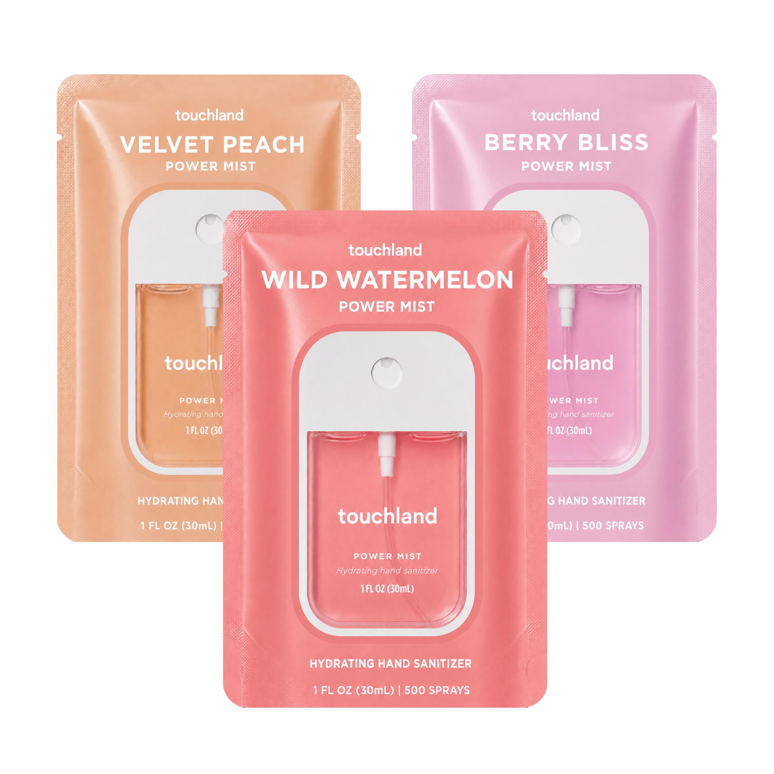 Touchland Juicy Trio frontal con los tres sprays, práctico y compacto
