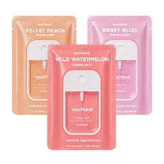 Touchland Juicy Trio frontal con los tres sprays, práctico y compacto