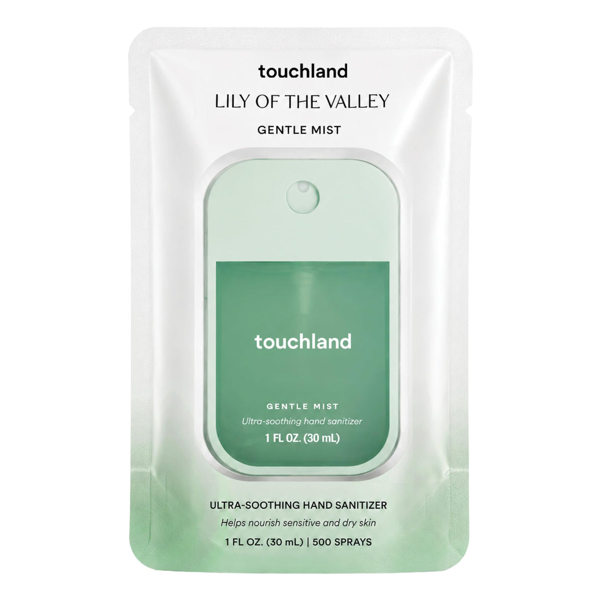 Touchland spray frontal mostrando el envase compacto y práctico