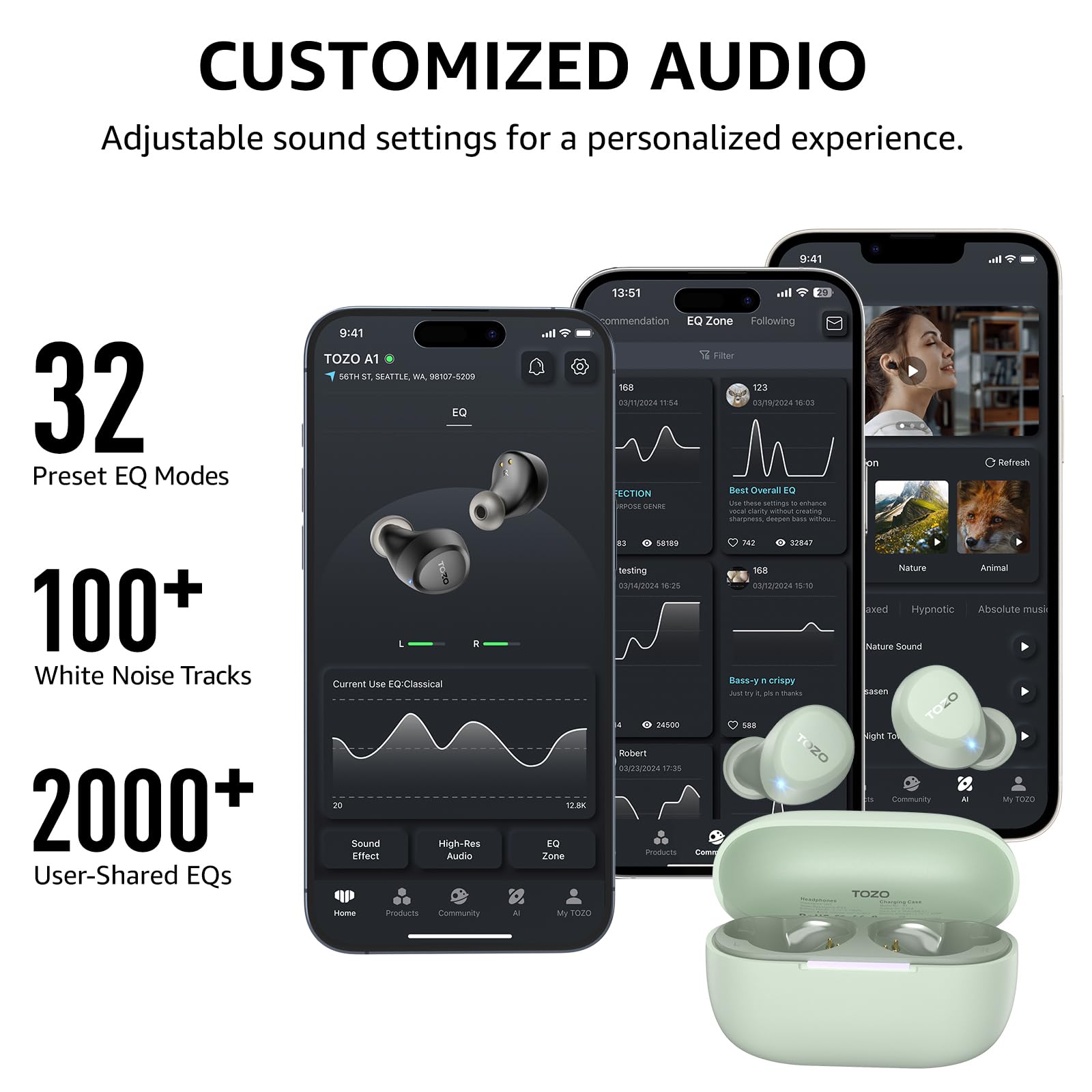 TOZO A1 estuche abierto con auriculares mostrando duración de batería