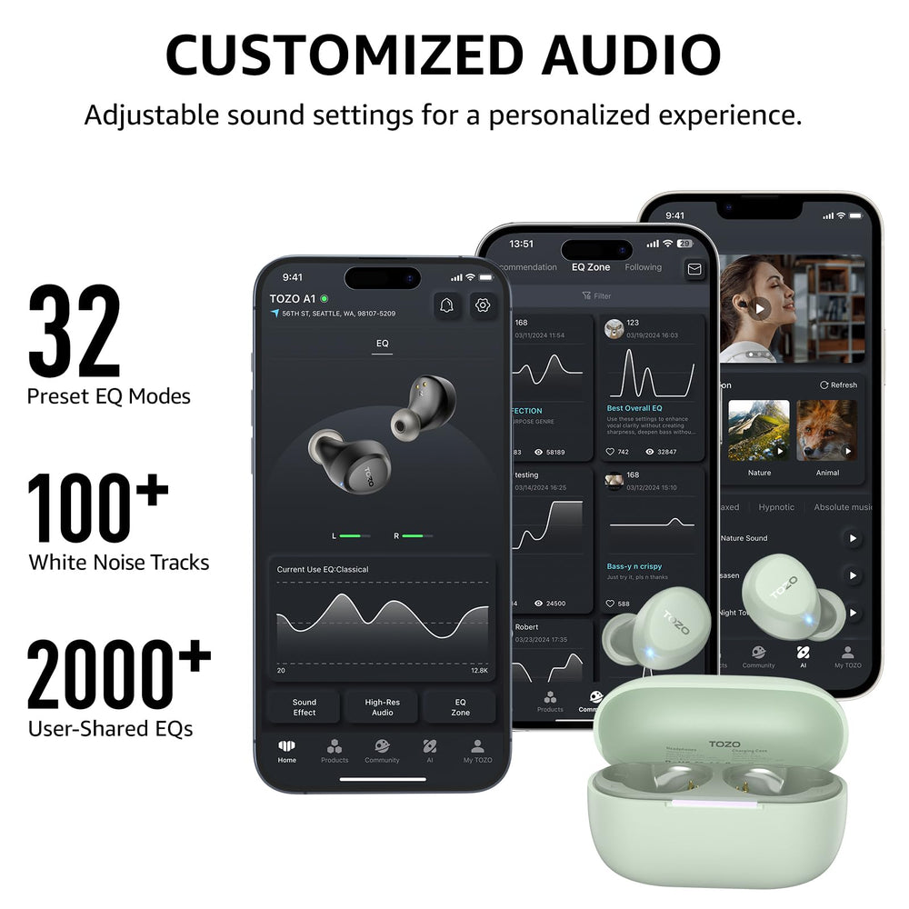 TOZO A1 estuche abierto con auriculares mostrando duración de batería