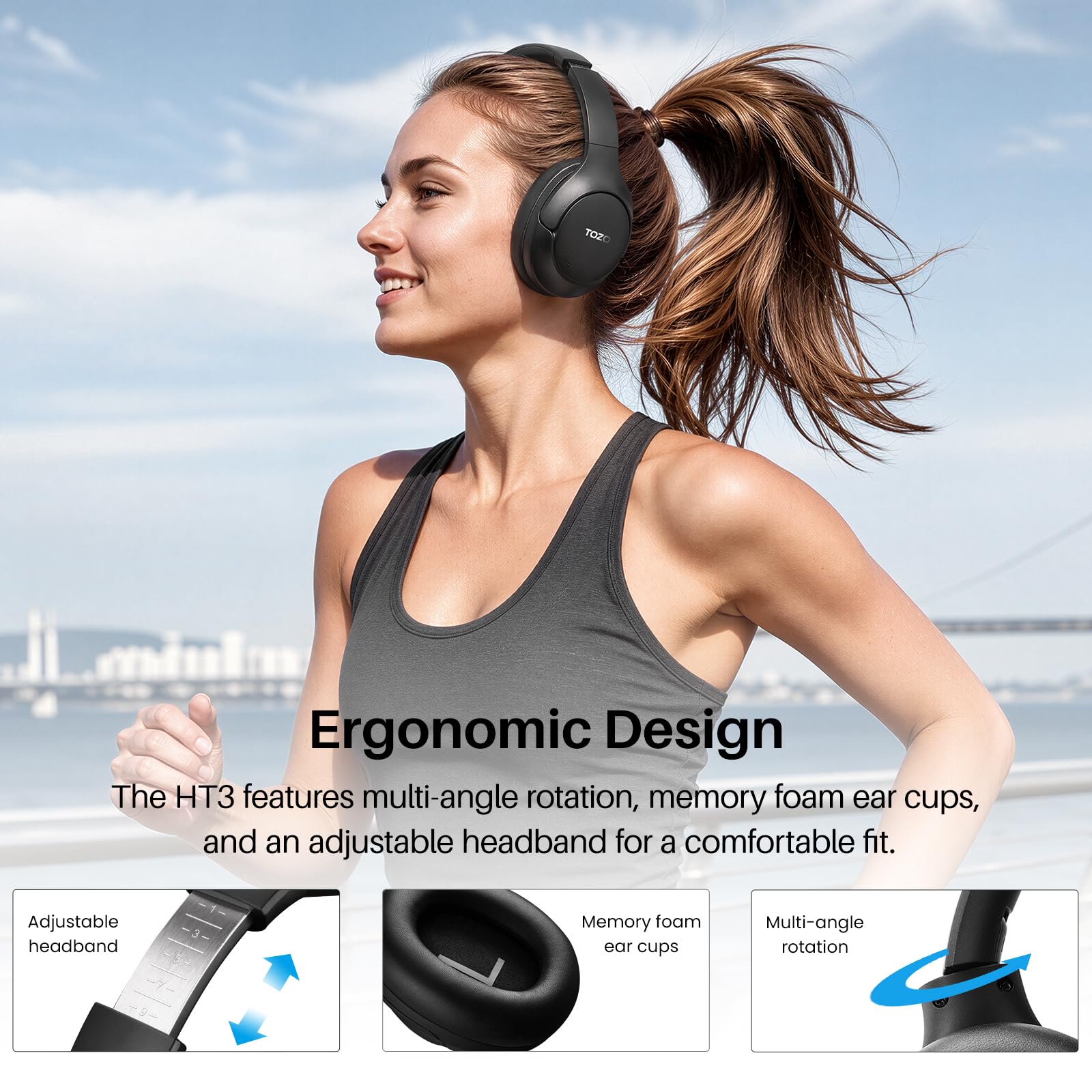 TOZO HT3 pantalla de app con EQ, personalización y modos de sonido