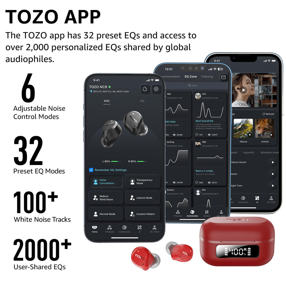 TOZO estuche abierto mostrando batería restante en pantalla LED