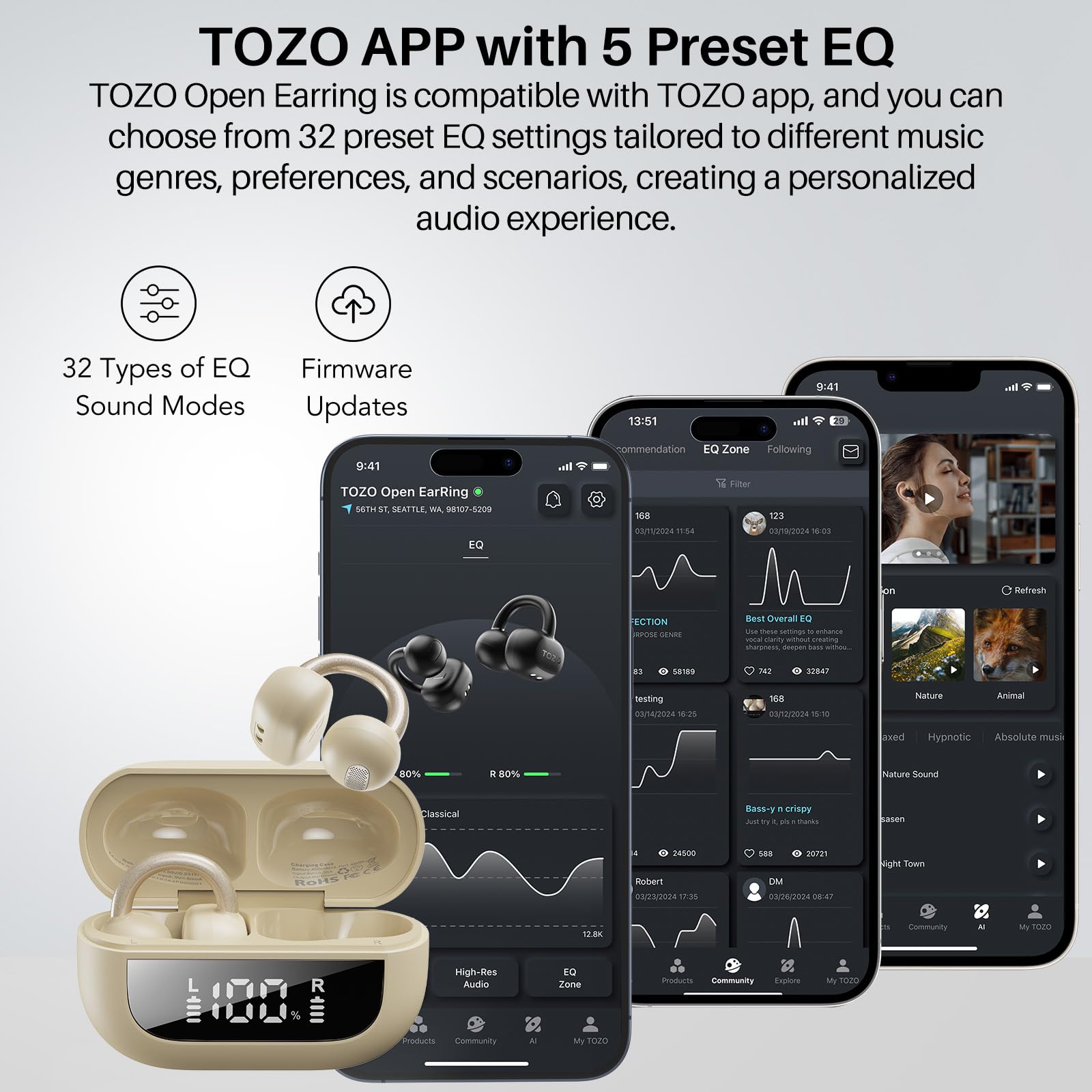 TOZO OpenEarRing icono de Bluetooth y señal estable para conectividad