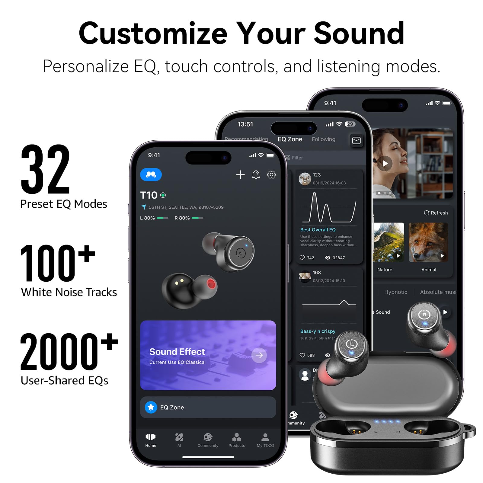 TOZO T10 app con ecualizador ilustrando personalización de sonido