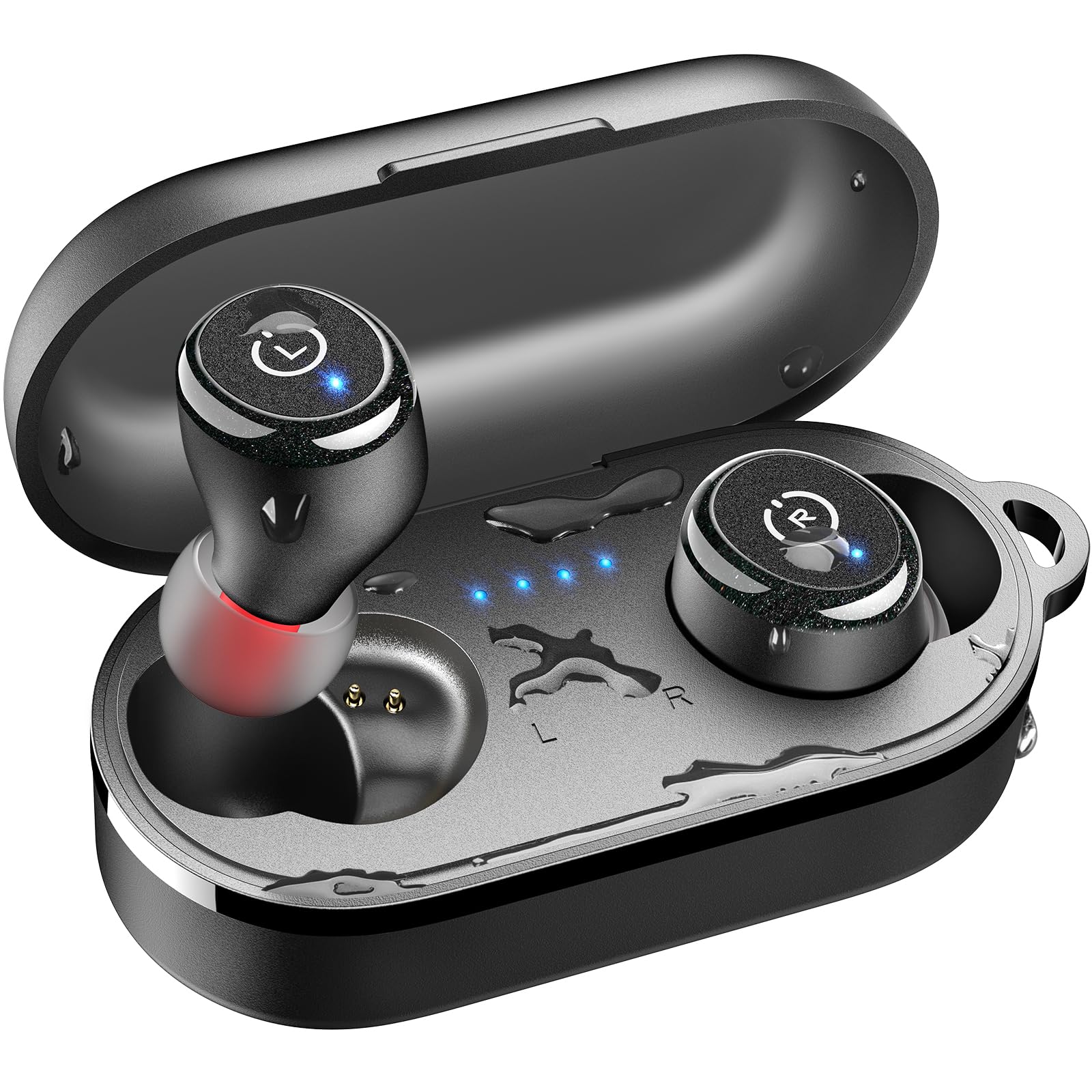 TOZO T10 frontal con estuche mostrando diseño compacto y portabilidad