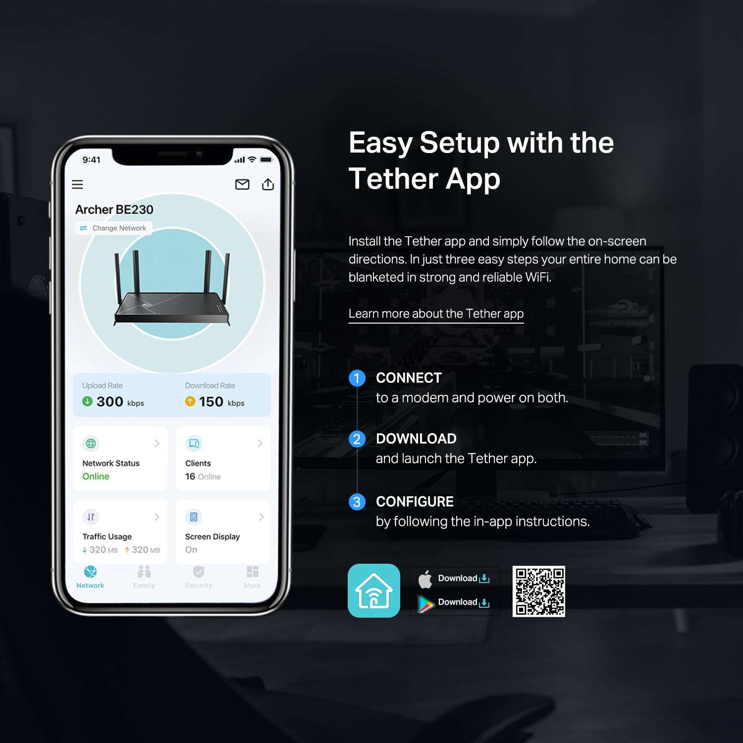TP‑Link Archer BE230 etiqueta técnica con especificaciones, ayuda a elegir configuración óptima