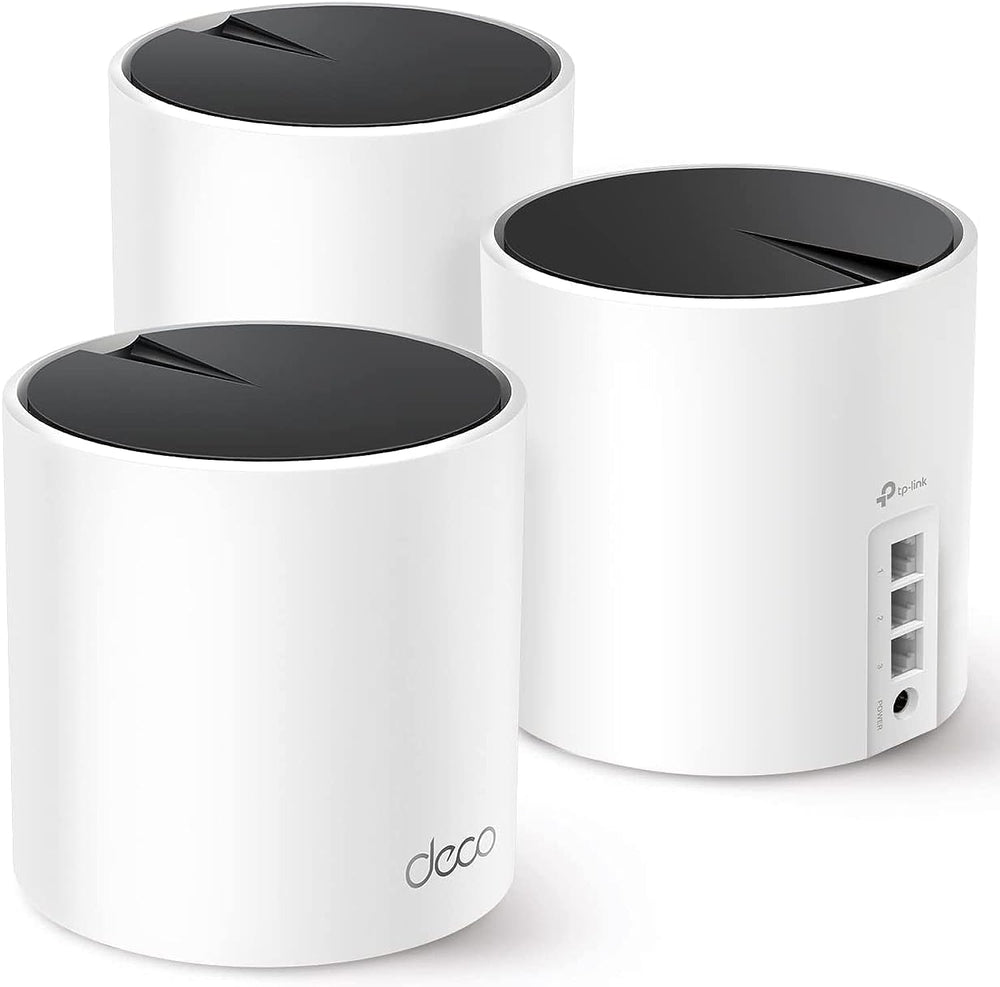 TP‑Link Deco X55 frontal del paquete mostrando unidades y marca, conexión fiable