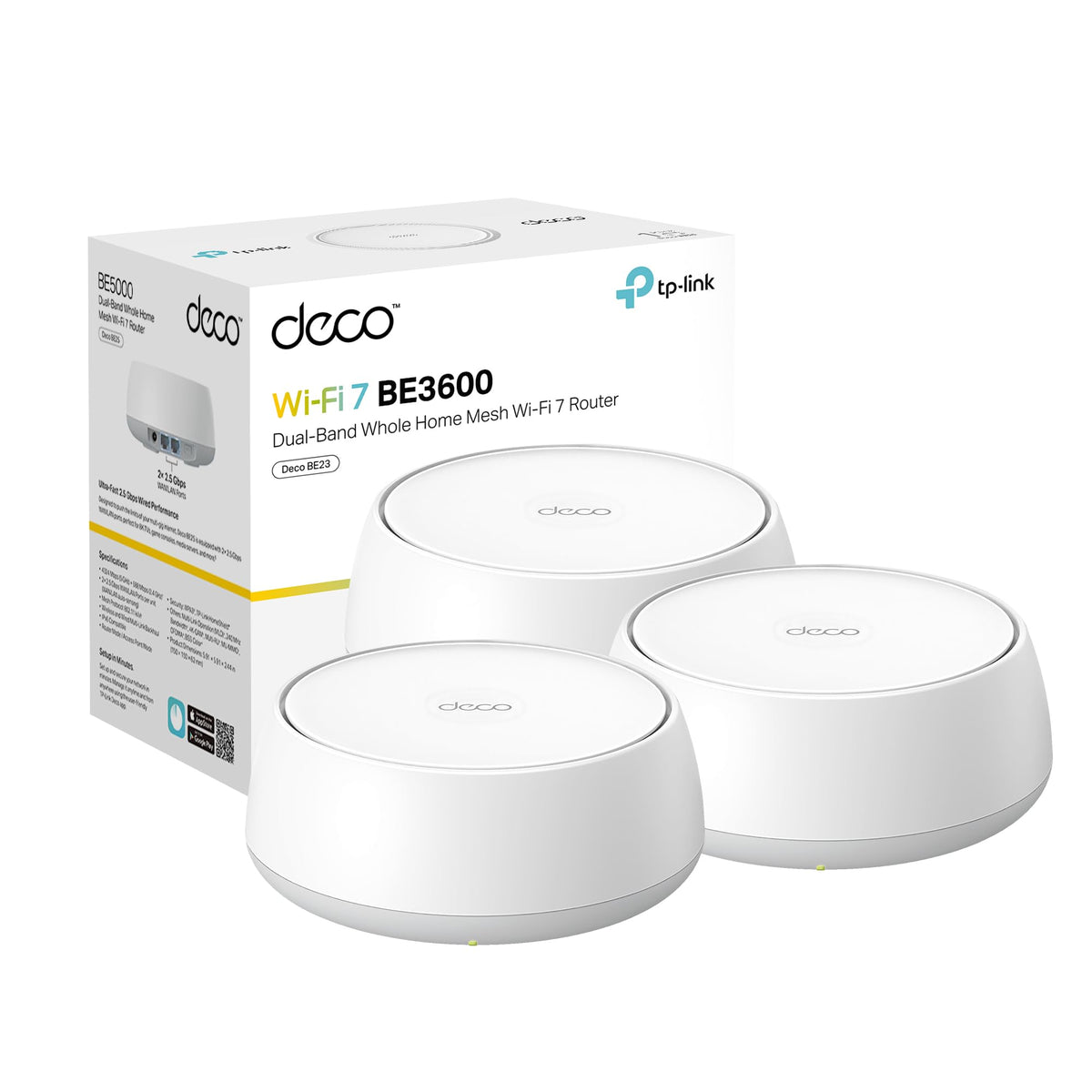 TP-Link Deco 7 BE23 frontal del kit 3 mostrando diseño compacto y cobertura
