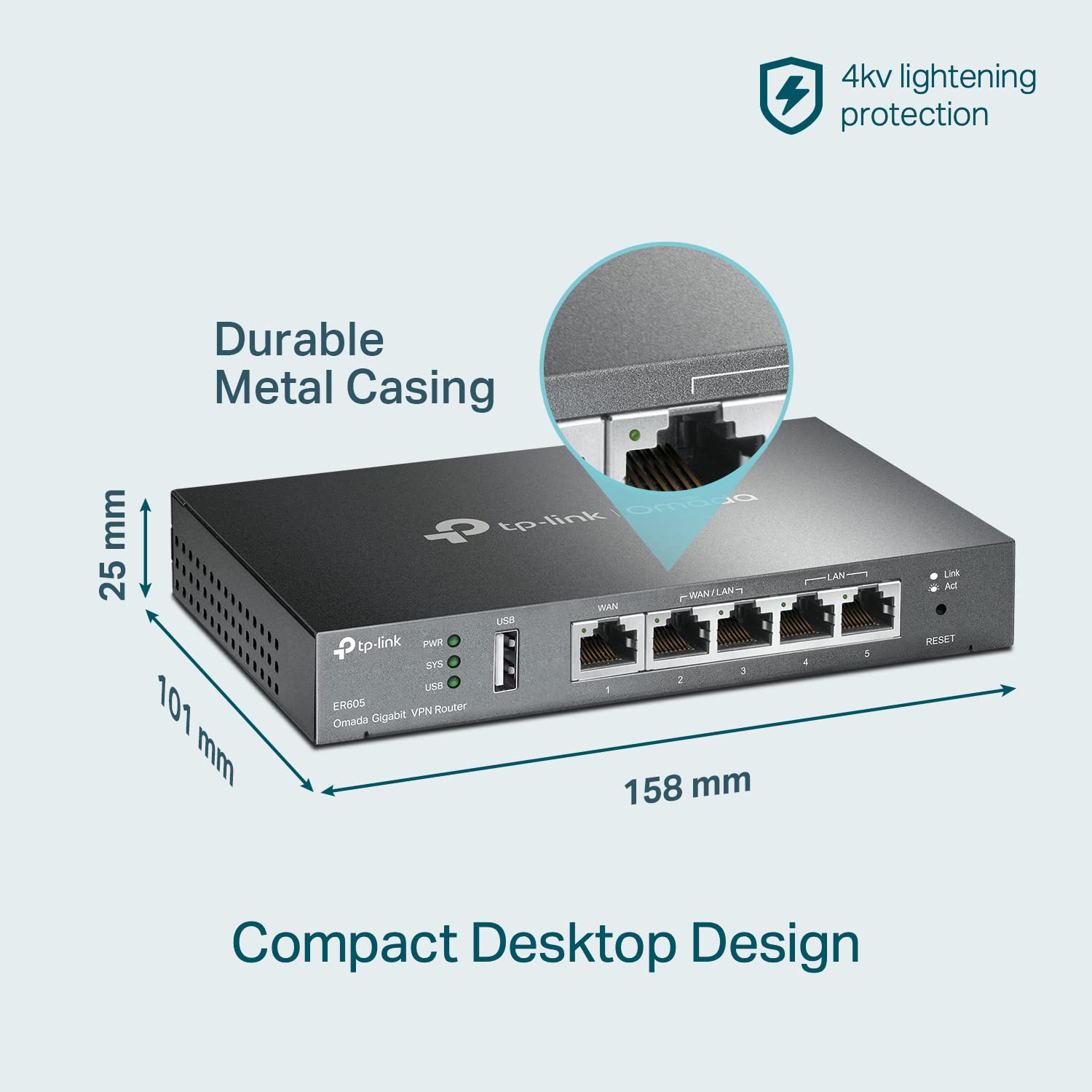 TP-Link ER605 V2 junto a una regla y portátil mostrando su tamaño compacto para montaje en rack o sobremesa