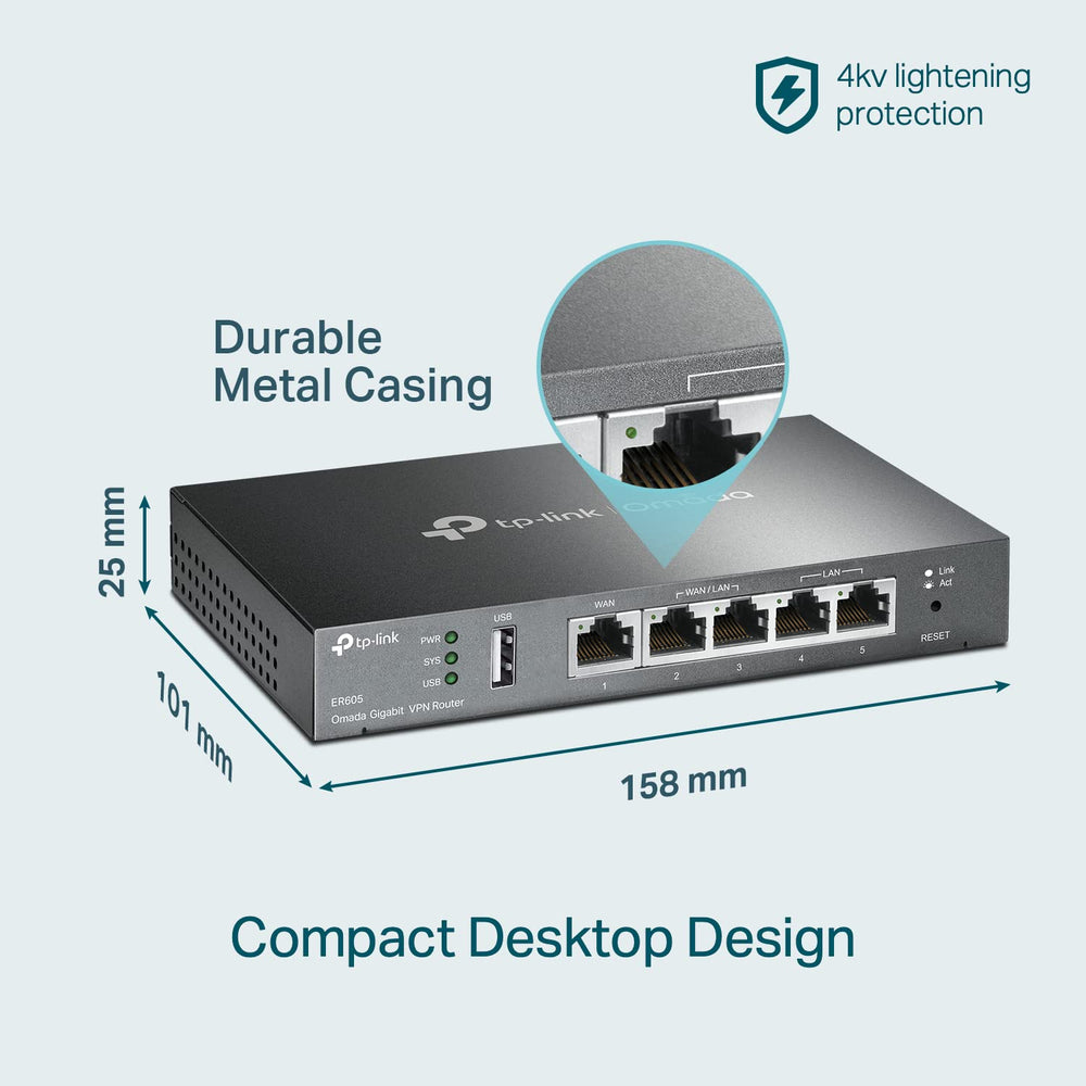 TP-Link ER605 V2 junto a una regla y portátil mostrando su tamaño compacto para montaje en rack o sobremesa